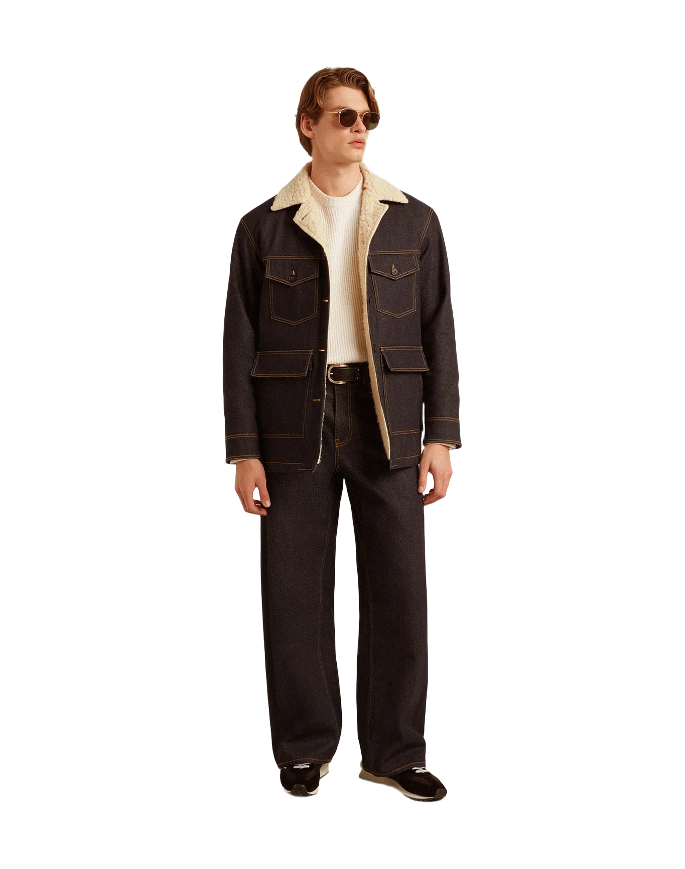 Men | Denim Pea Coat Jacket | Dark Blue x Natural - Image 9