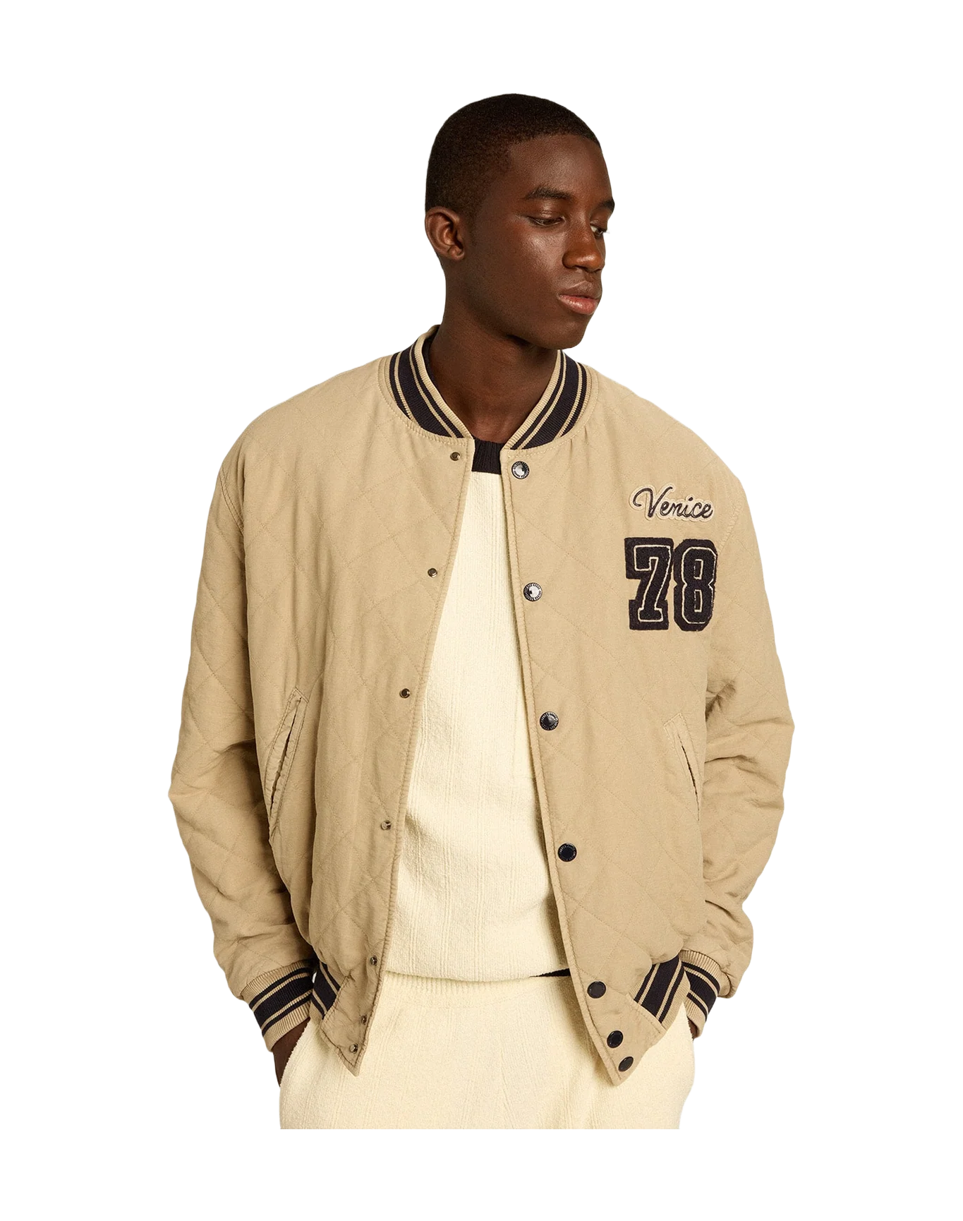 Men | Khaki Colored Quilted Cotton Bomber Jacket | Trench Coat - Image 8