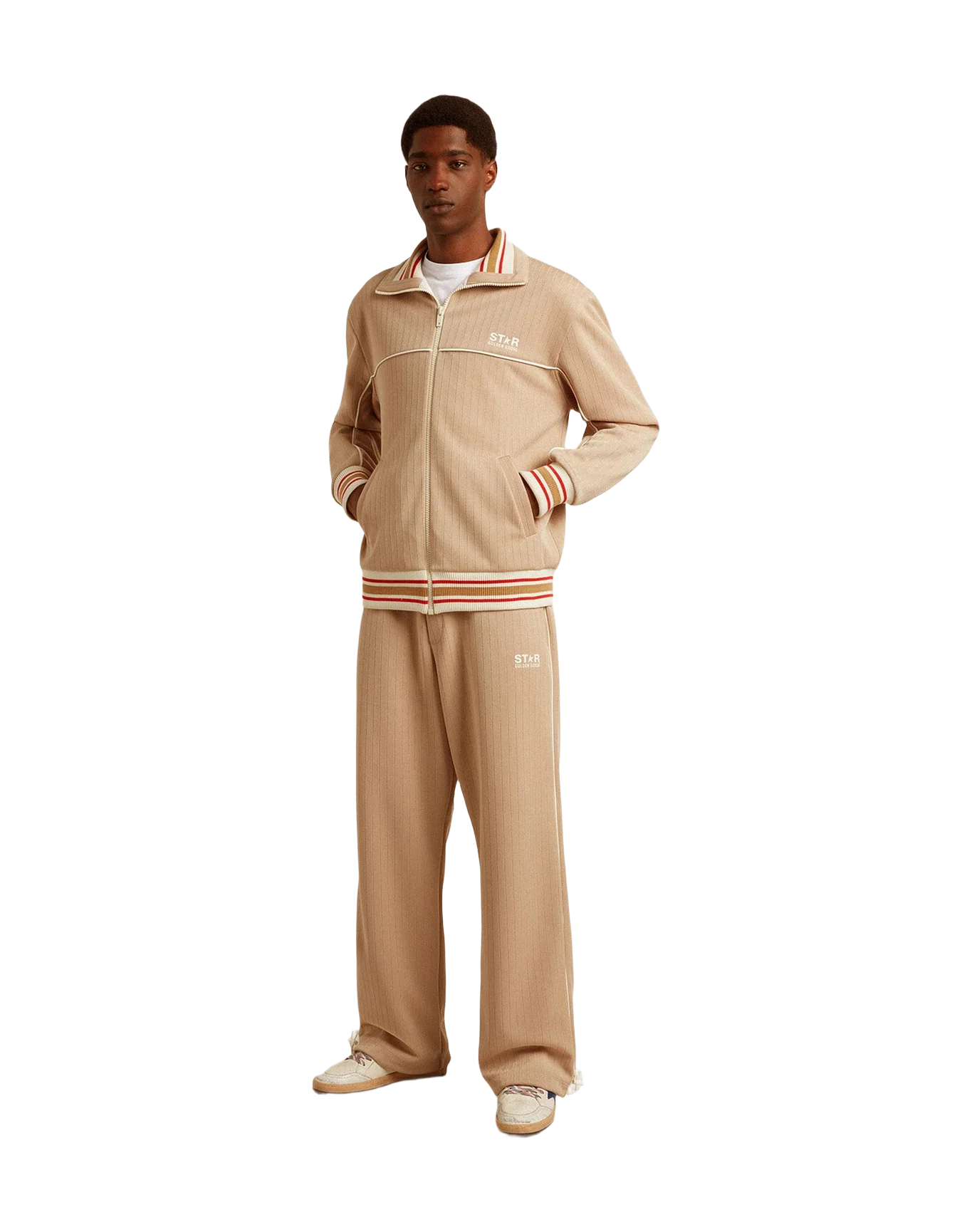 Men | Light Beige Zipped Sweatshirt With White Logo | Pale Khaki x Papyrus