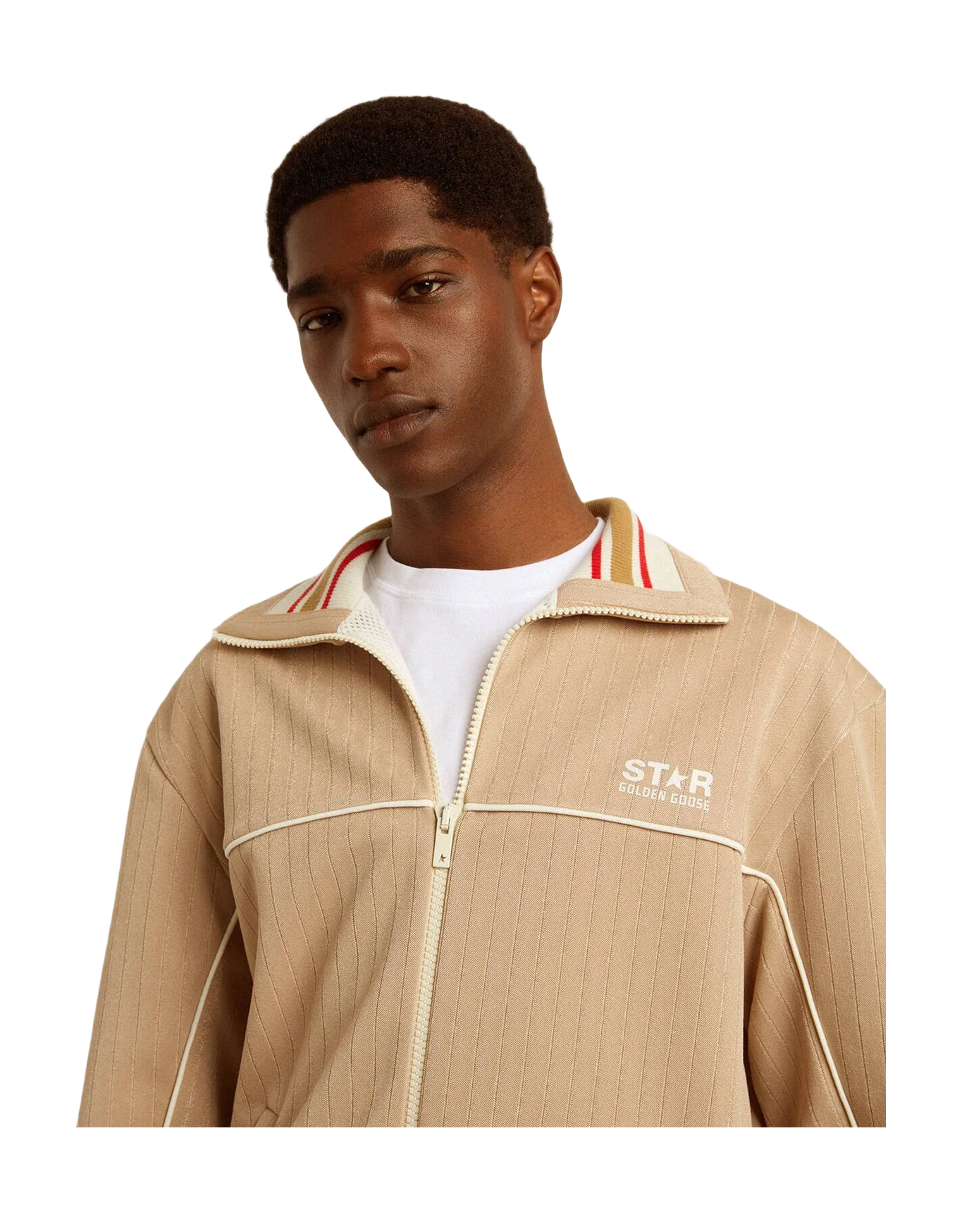 Men | Light Beige Zipped Sweatshirt With White Logo | Pale Khaki x Papyrus - Image 3
