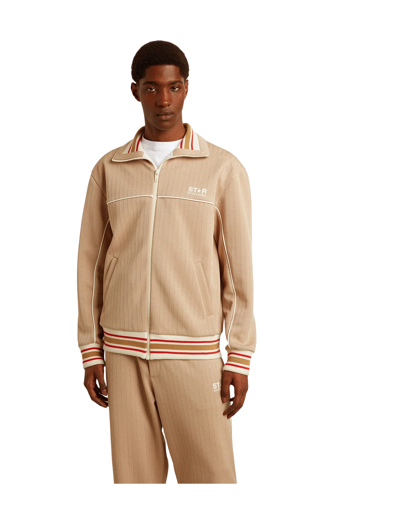 Men | Light Beige Zipped Sweatshirt With White Logo | Pale Khaki x Papyrus - Image 4