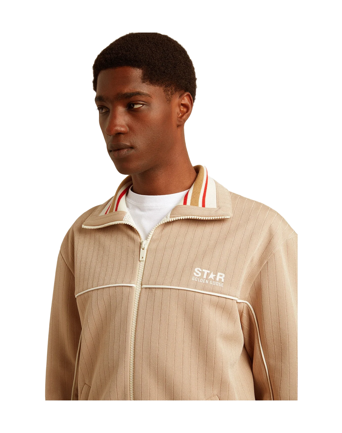 Men | Light Beige Zipped Sweatshirt With White Logo | Pale Khaki x Papyrus - Image 5
