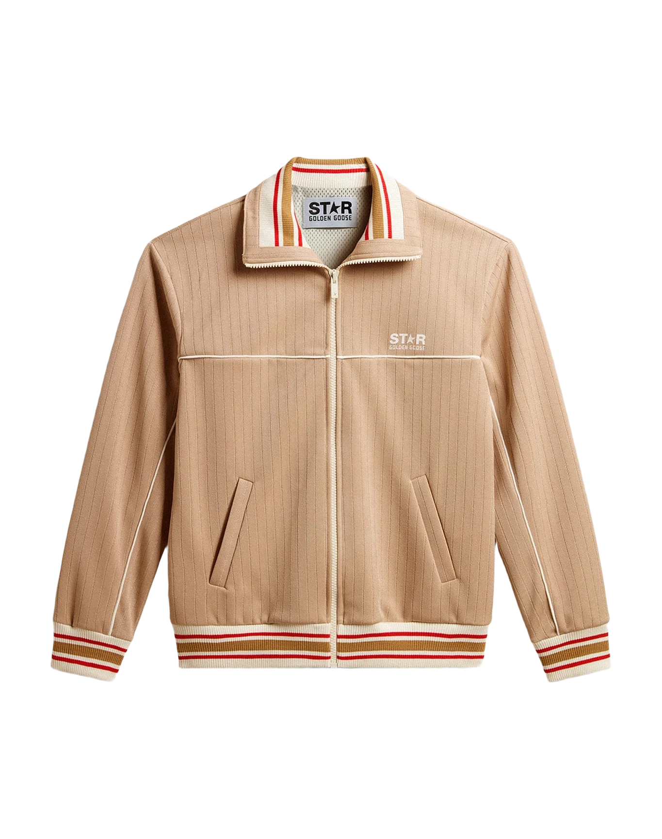 Men | Light Beige Zipped Sweatshirt With White Logo | Pale Khaki x Papyrus - Image 8