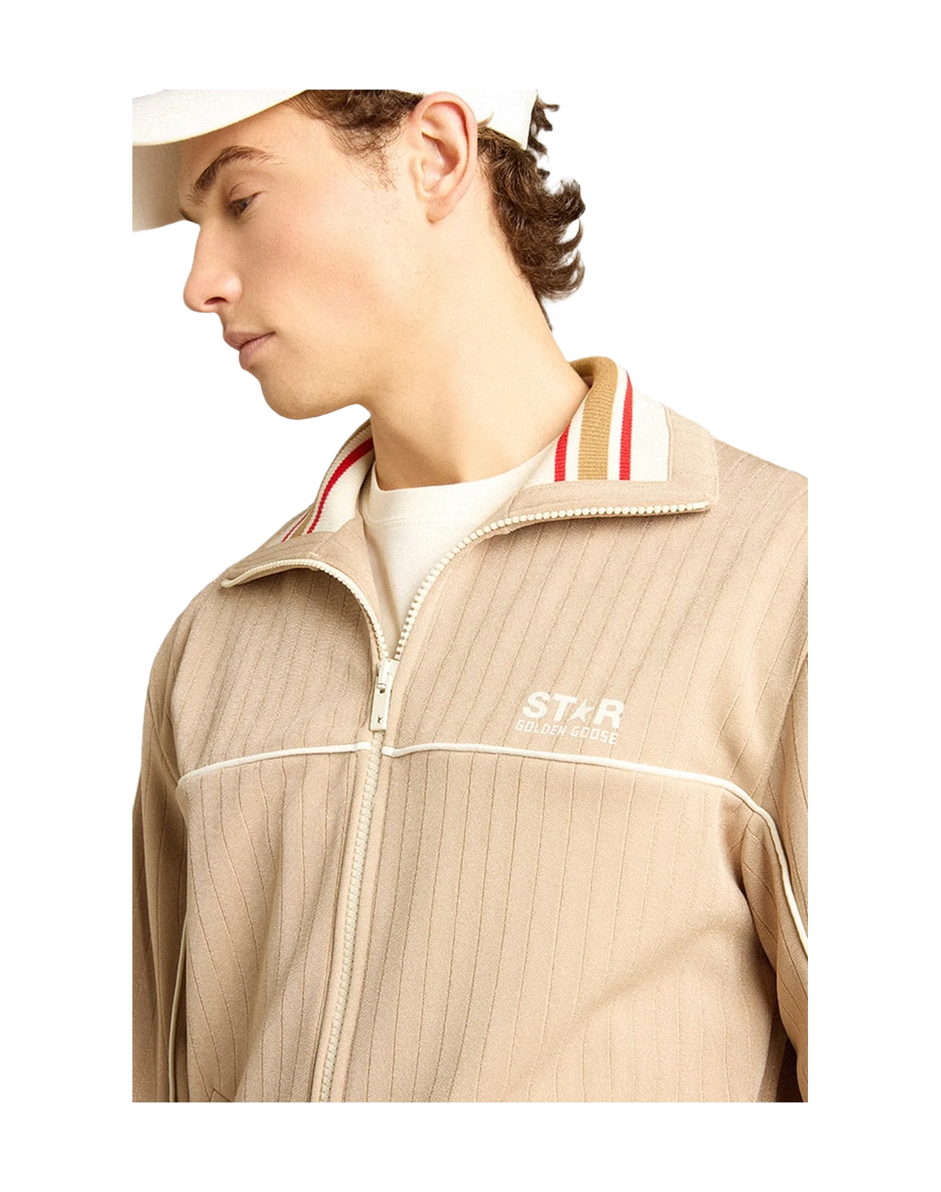 Men | Light Beige Zipped Sweatshirt With White Logo | Pale Khaki x Papyrus - Image 9