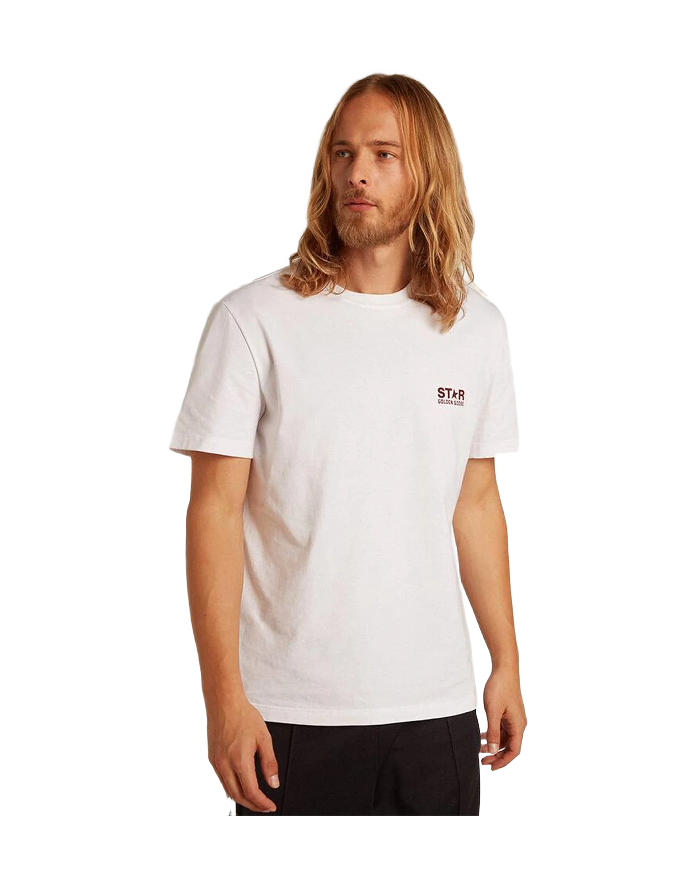 Men | T Shirt With Contrasting Burgundy Logo And Star | Optic White x Windsor Wine - Image 5