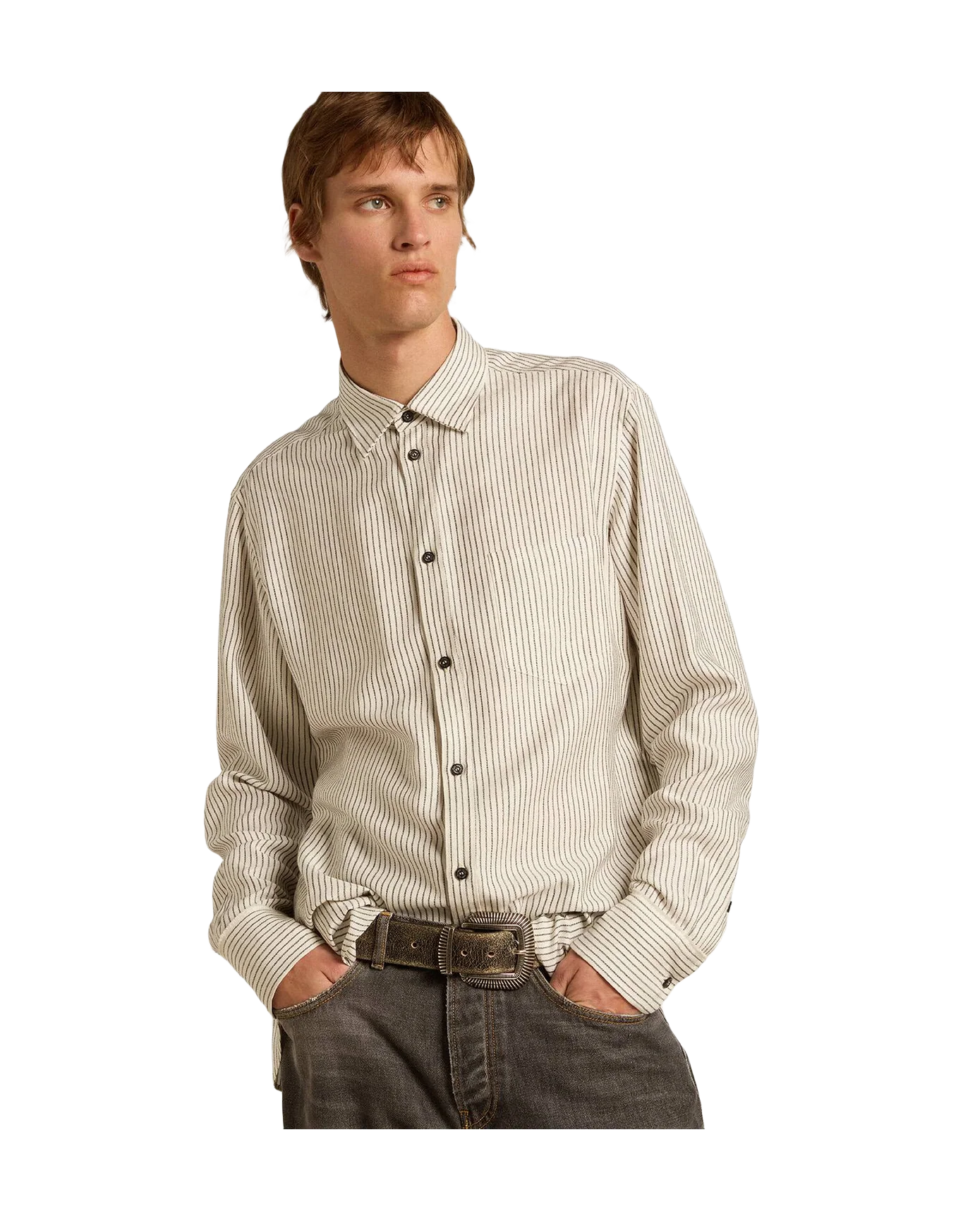 Men | White Viscose Shirt With Narrow Stripes | Artic Wolf x Black