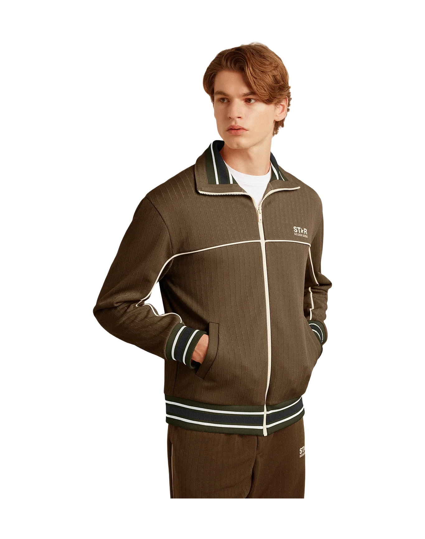 Men | Zipped Sweatshirt With White Logo | Military Green x Papyrus - Image 3