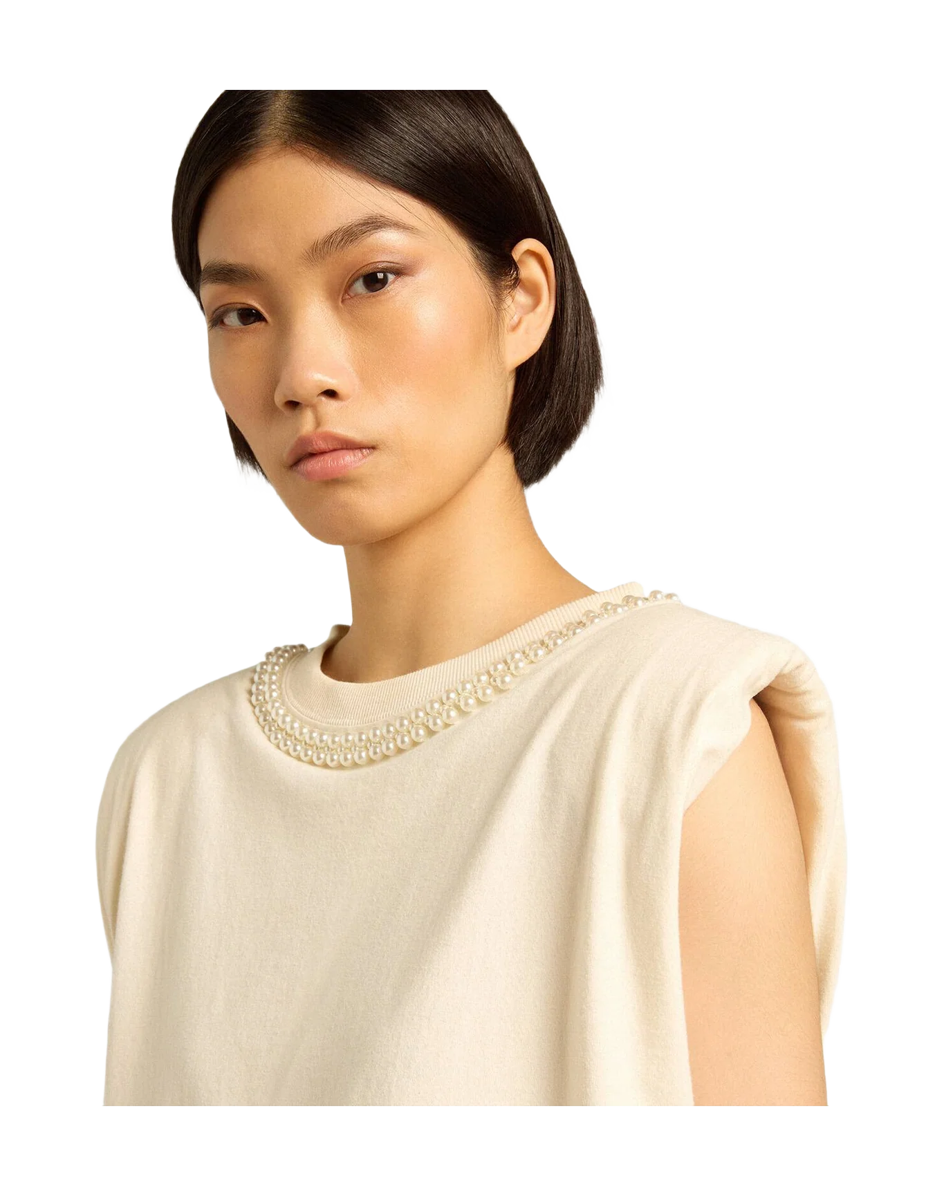 Women | Aged Sleeveless T Shirt With Pearl Embroidery | Heritage White - Image 5