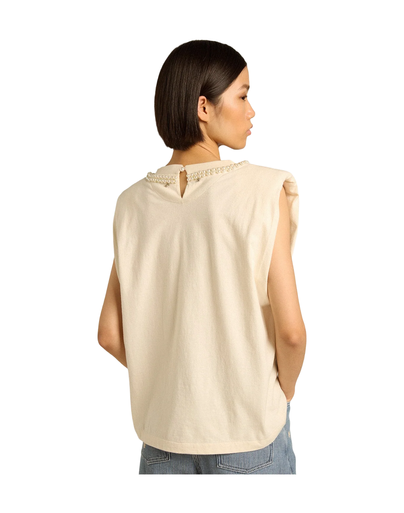 Women | Aged Sleeveless T Shirt With Pearl Embroidery | Heritage White - Image 9