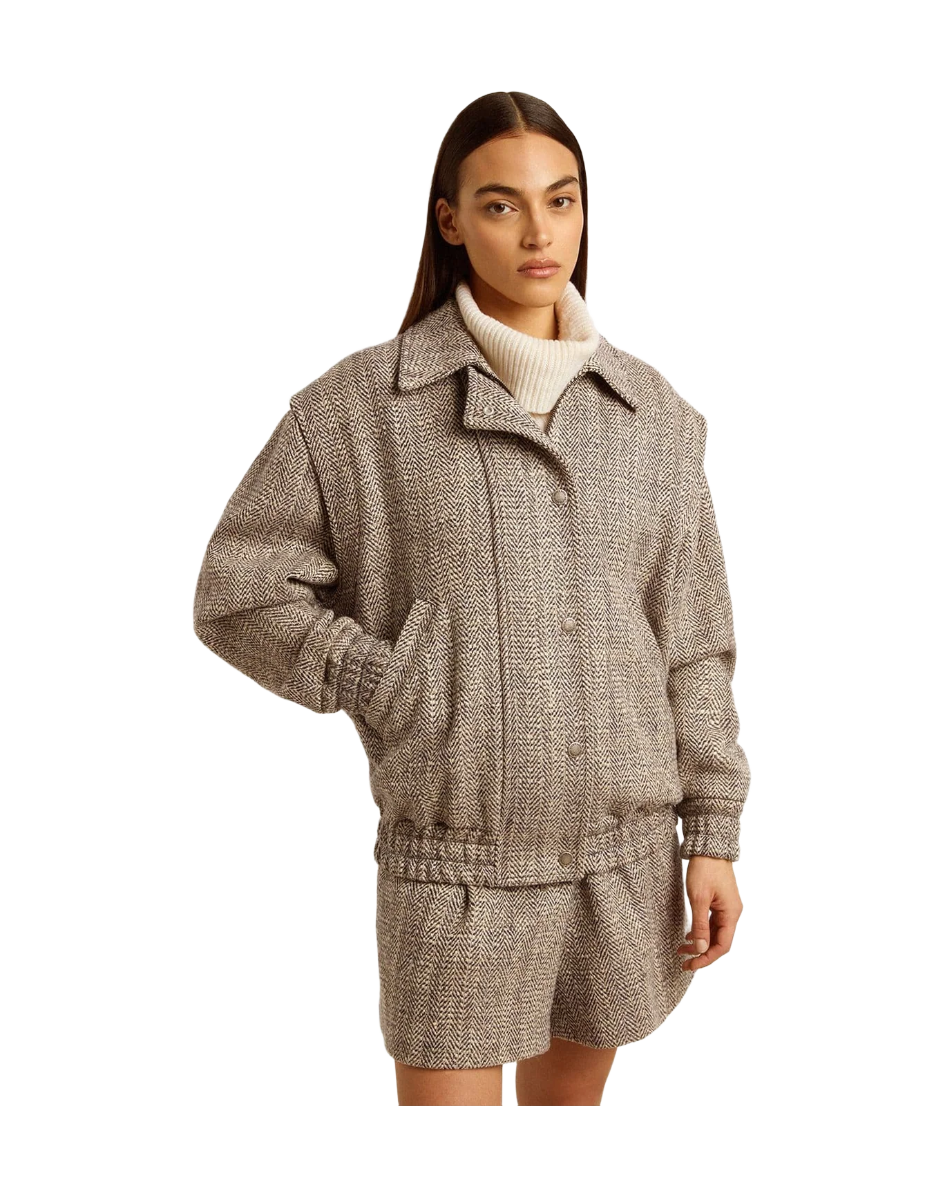 Women | Bomber Jacket In Brown Herringbone Wool | Midnight x Ecru - Image 9