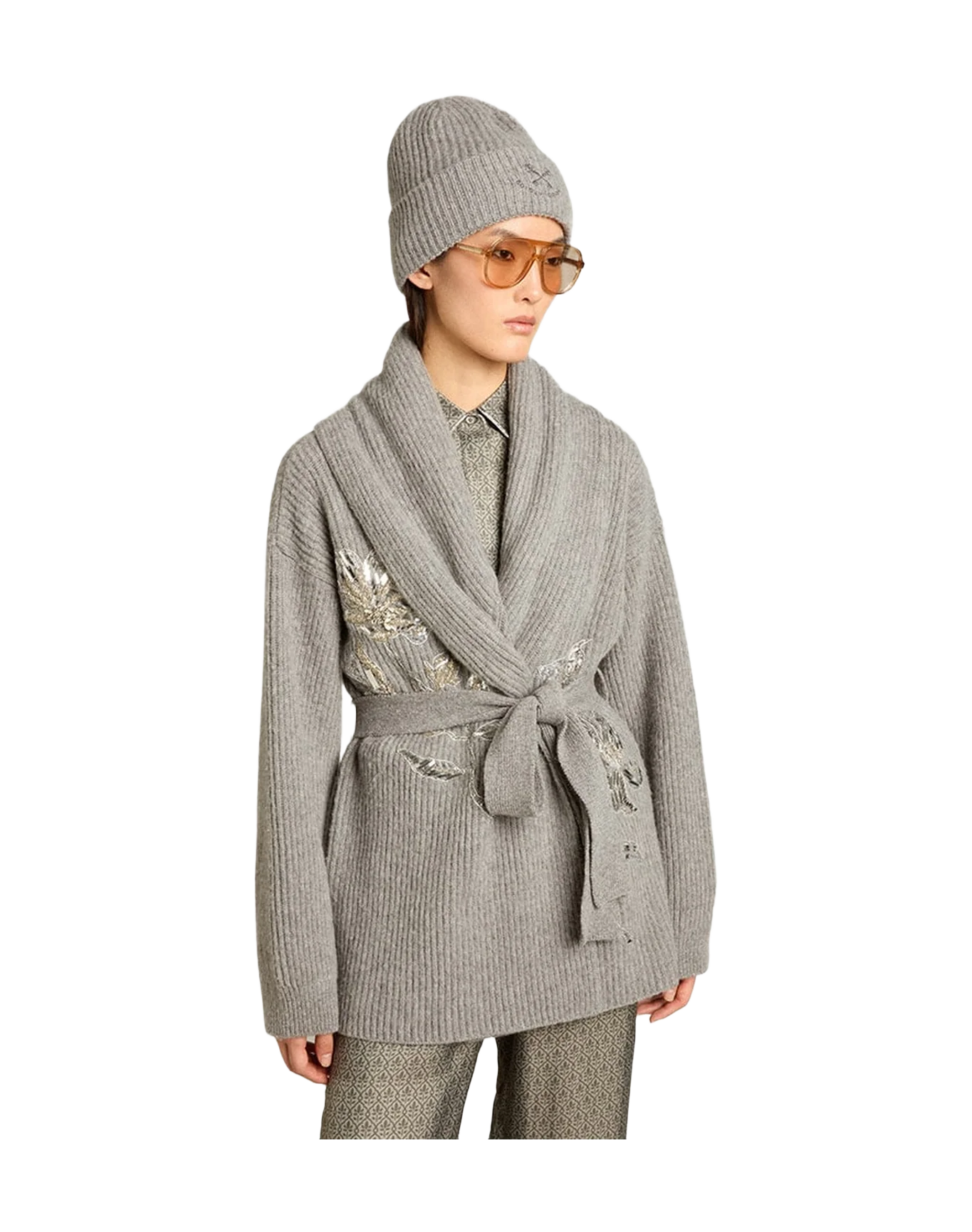 Women | Cardigan In Gray Wool With Embroidery On The Front | Grey Melange