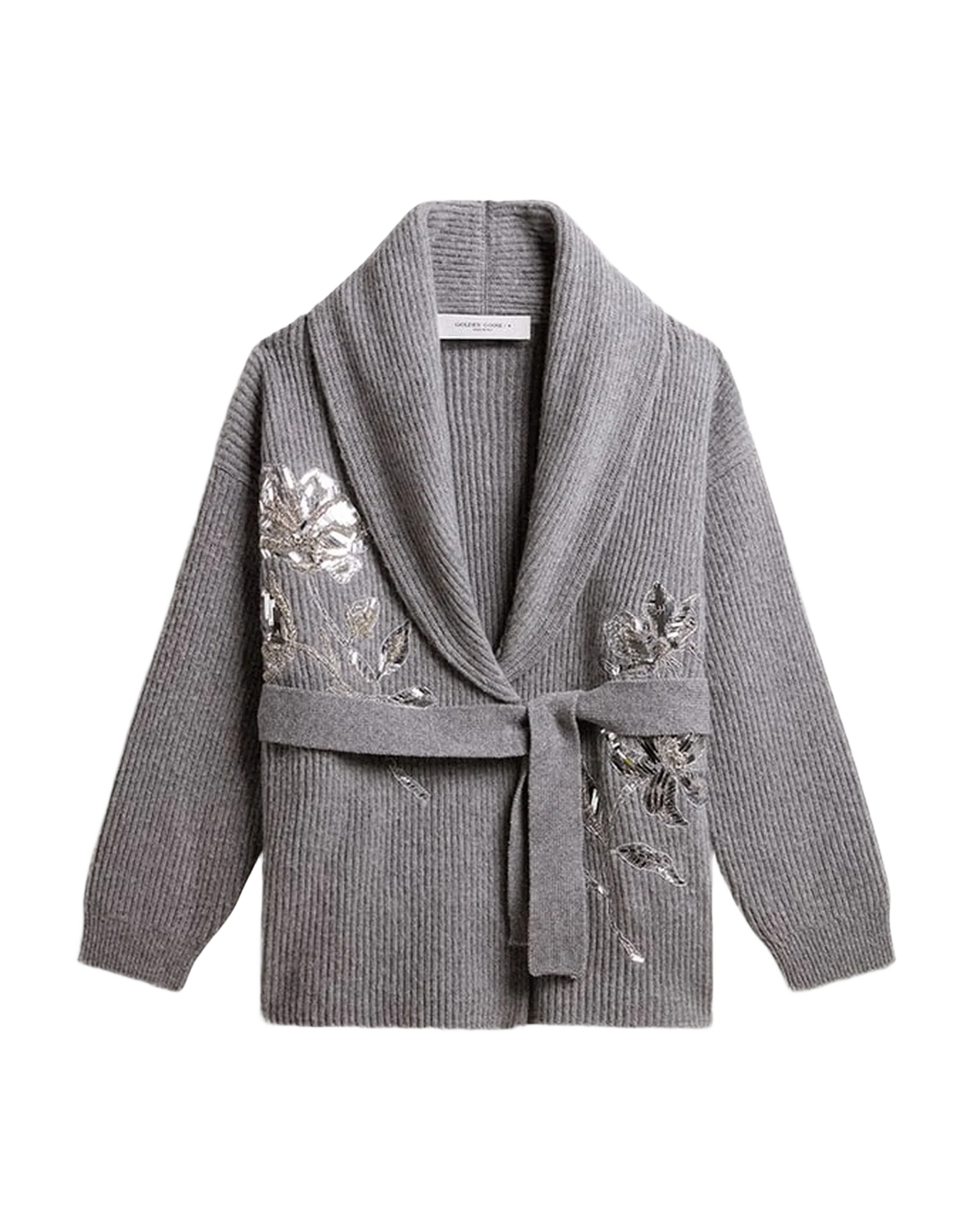 Women | Cardigan In Gray Wool With Embroidery On The Front | Grey Melange - Image 12