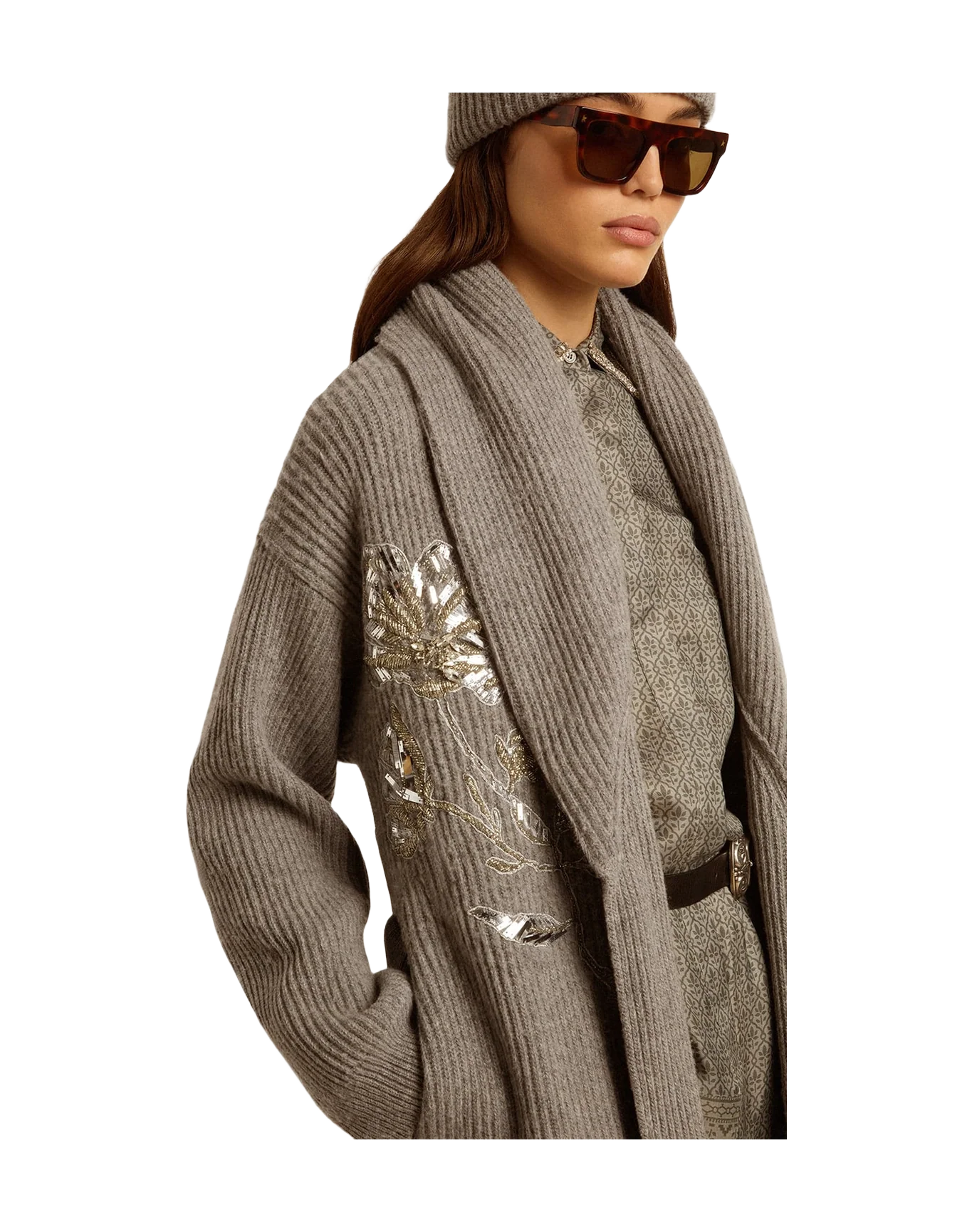 Women | Cardigan In Gray Wool With Embroidery On The Front | Grey Melange - Image 4