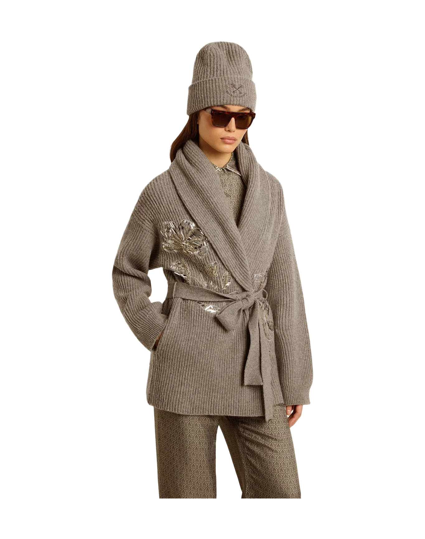 Women | Cardigan In Gray Wool With Embroidery On The Front | Grey Melange - Image 5