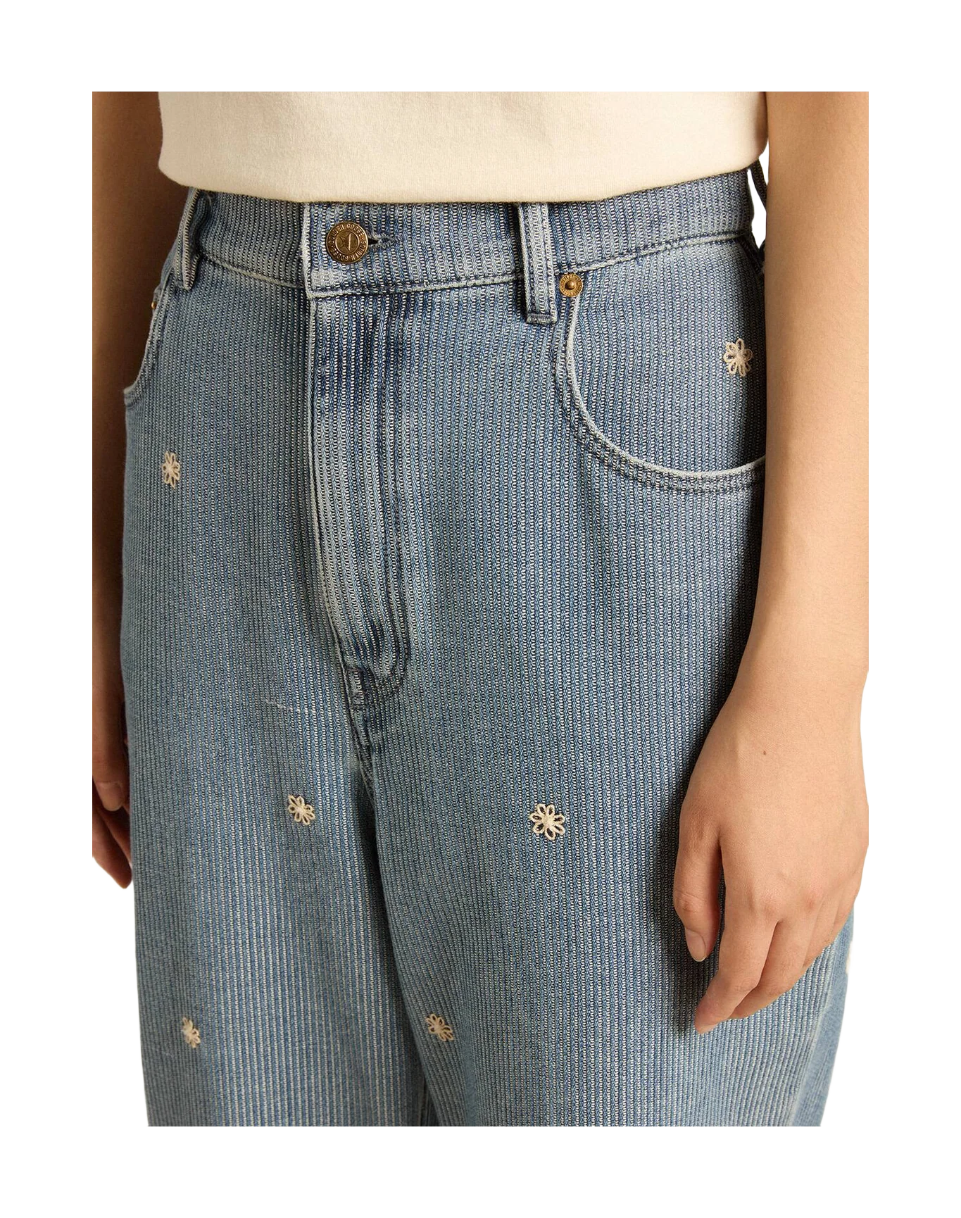 Women | Cotton Denim Pants With Floral Embroidery | Light Blue - Image 7