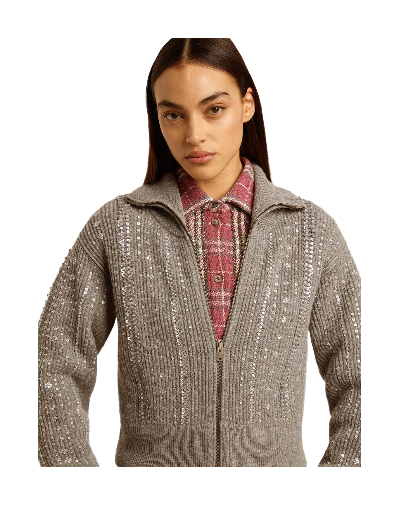Women | Cropped Sweater In Gray Wool With Sequins | Grey Melange - Image 14