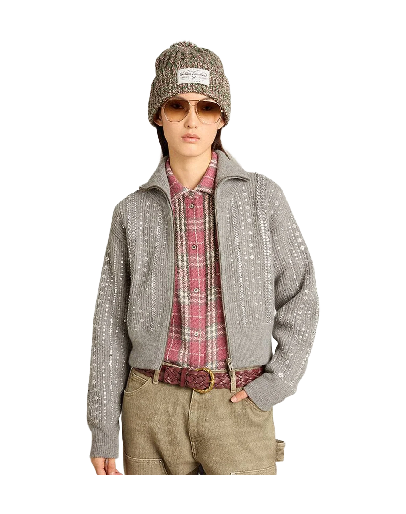Women | Cropped Sweater In Gray Wool With Sequins | Grey Melange - Image 3