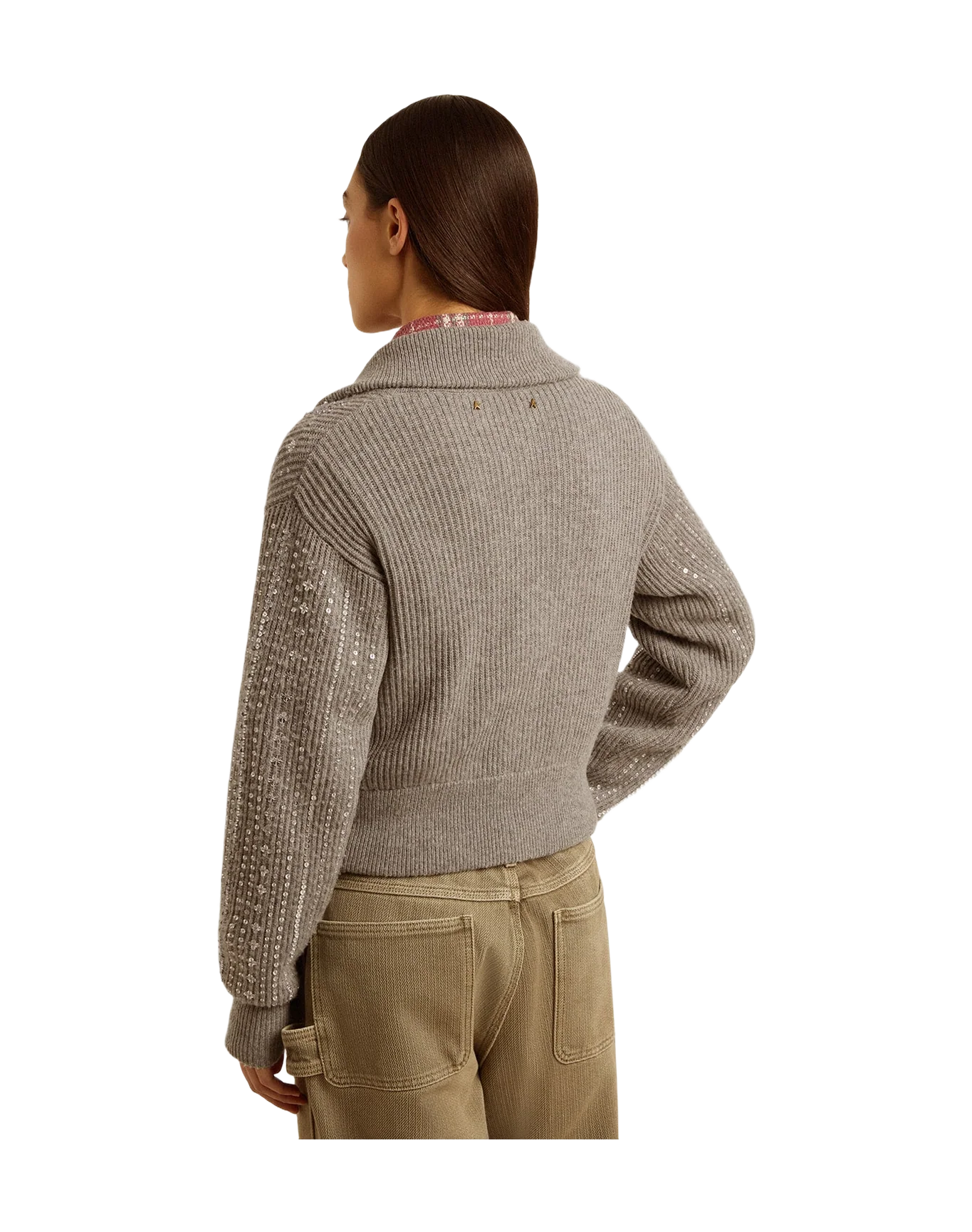 Women | Cropped Sweater In Gray Wool With Sequins | Grey Melange - Image 8