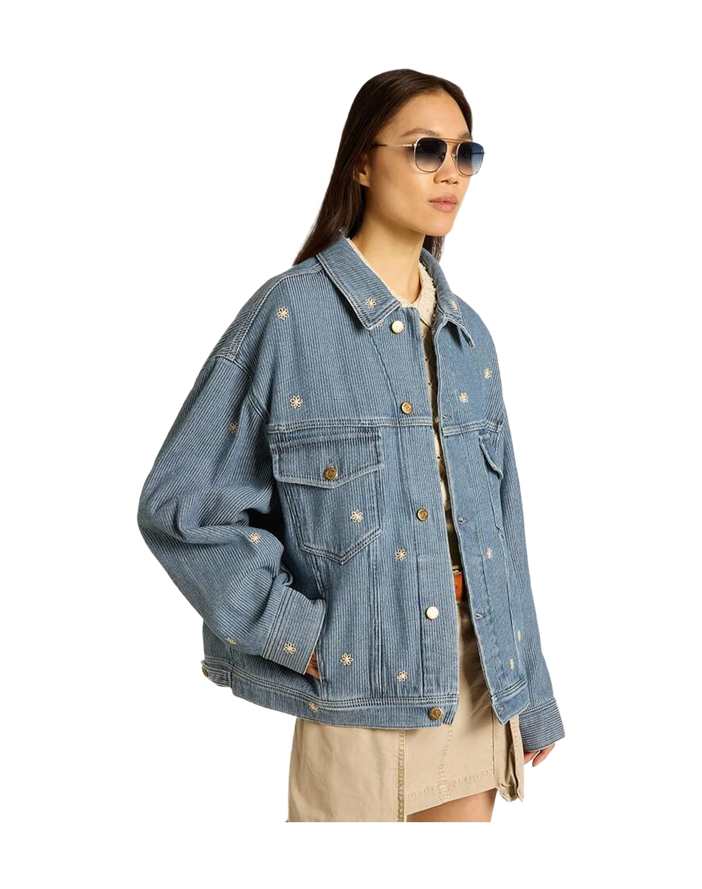 Women | Denim Jacket With Floral Embroidery | Light Blue - Image 8