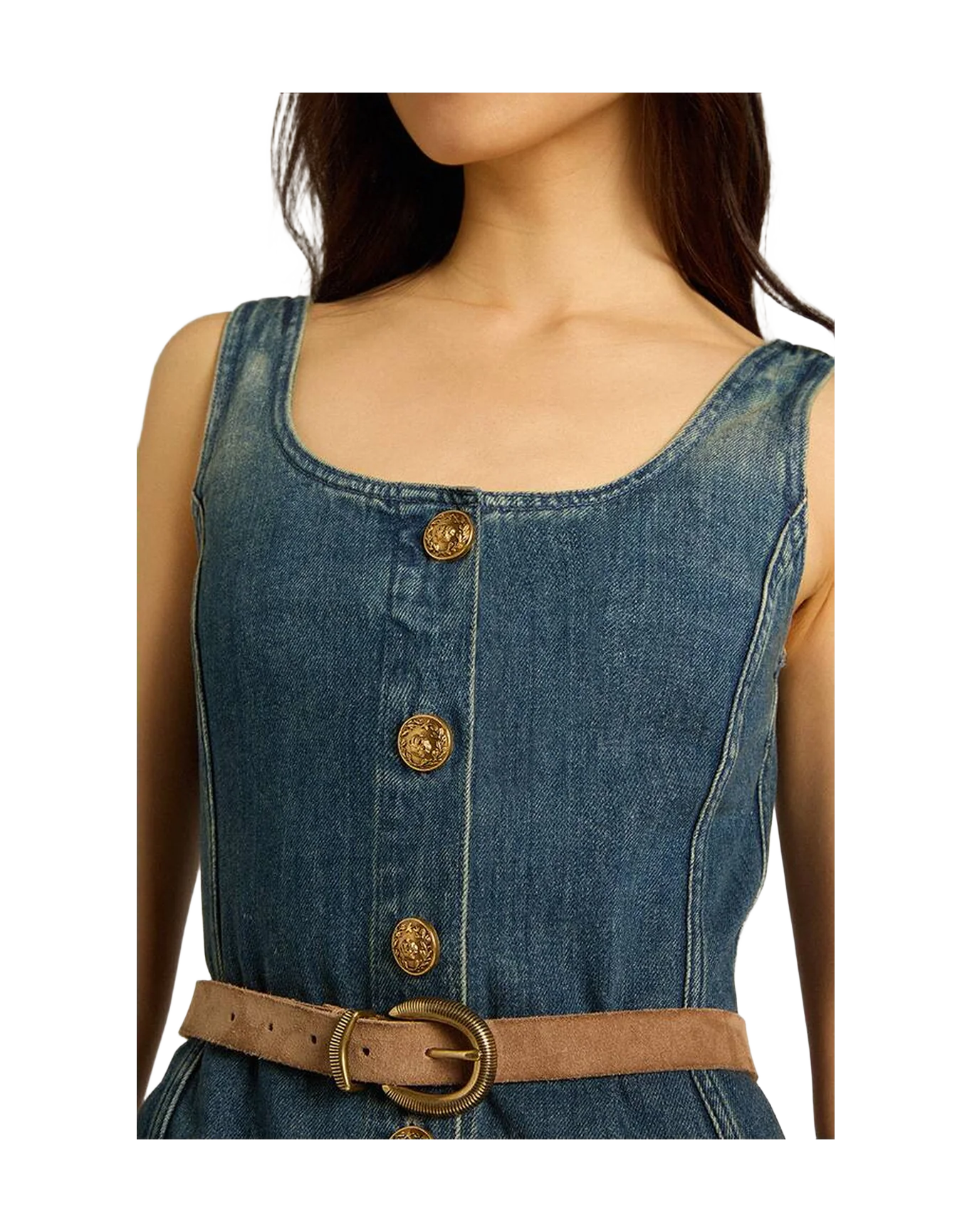 Women | Denim Sleeveless Dress With Button Fastening | Blue - Image 2