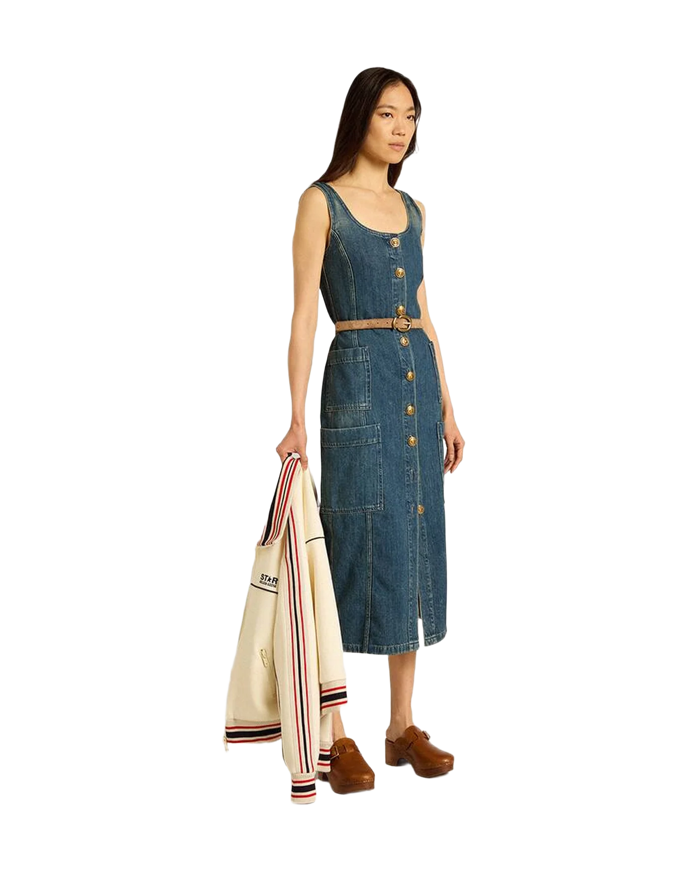Women | Denim Sleeveless Dress With Button Fastening | Blue - Image 3