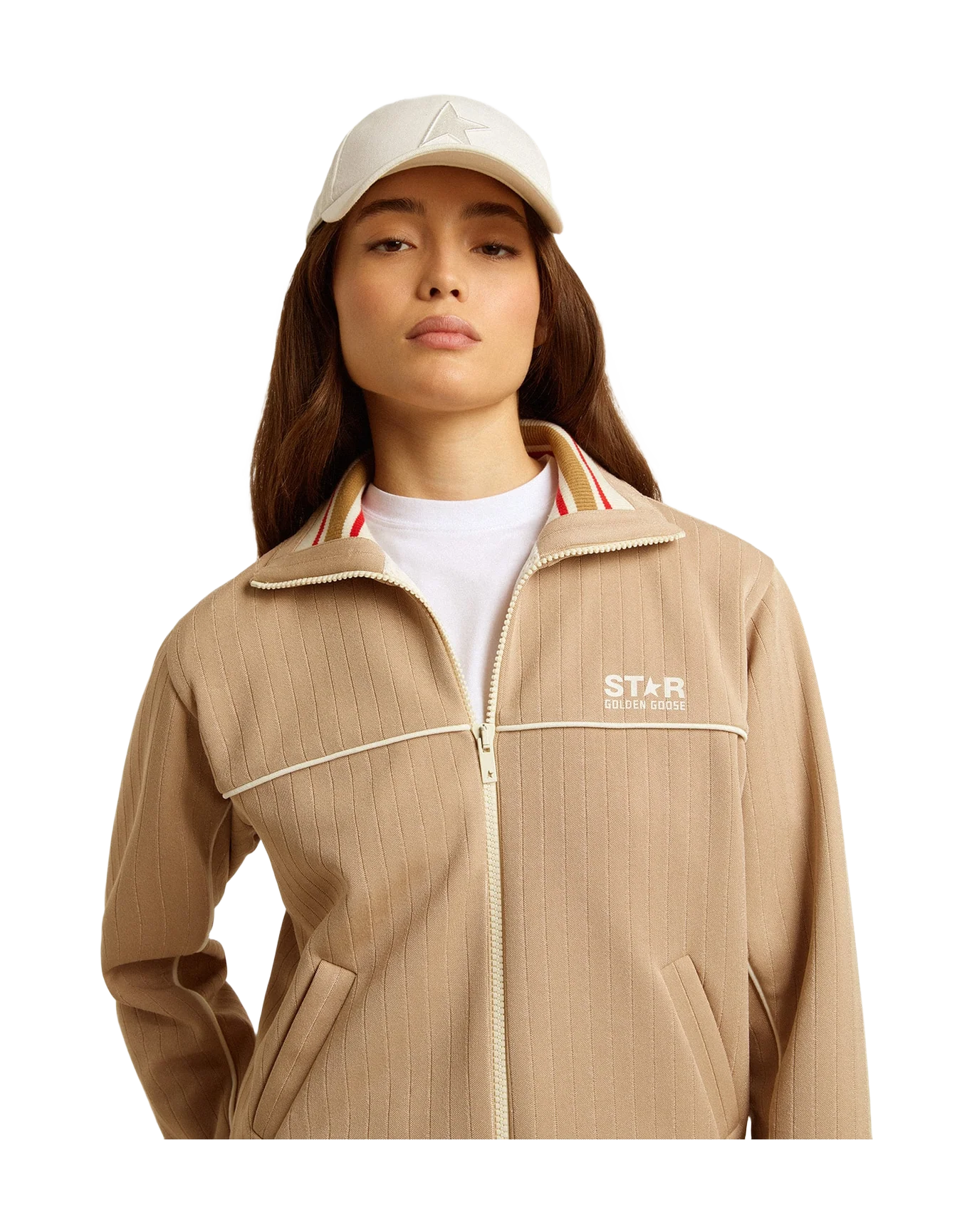 Women | Light Beige Zipped Sweatshirt With White Logo | Pale Khaki x Papyrus - Image 4