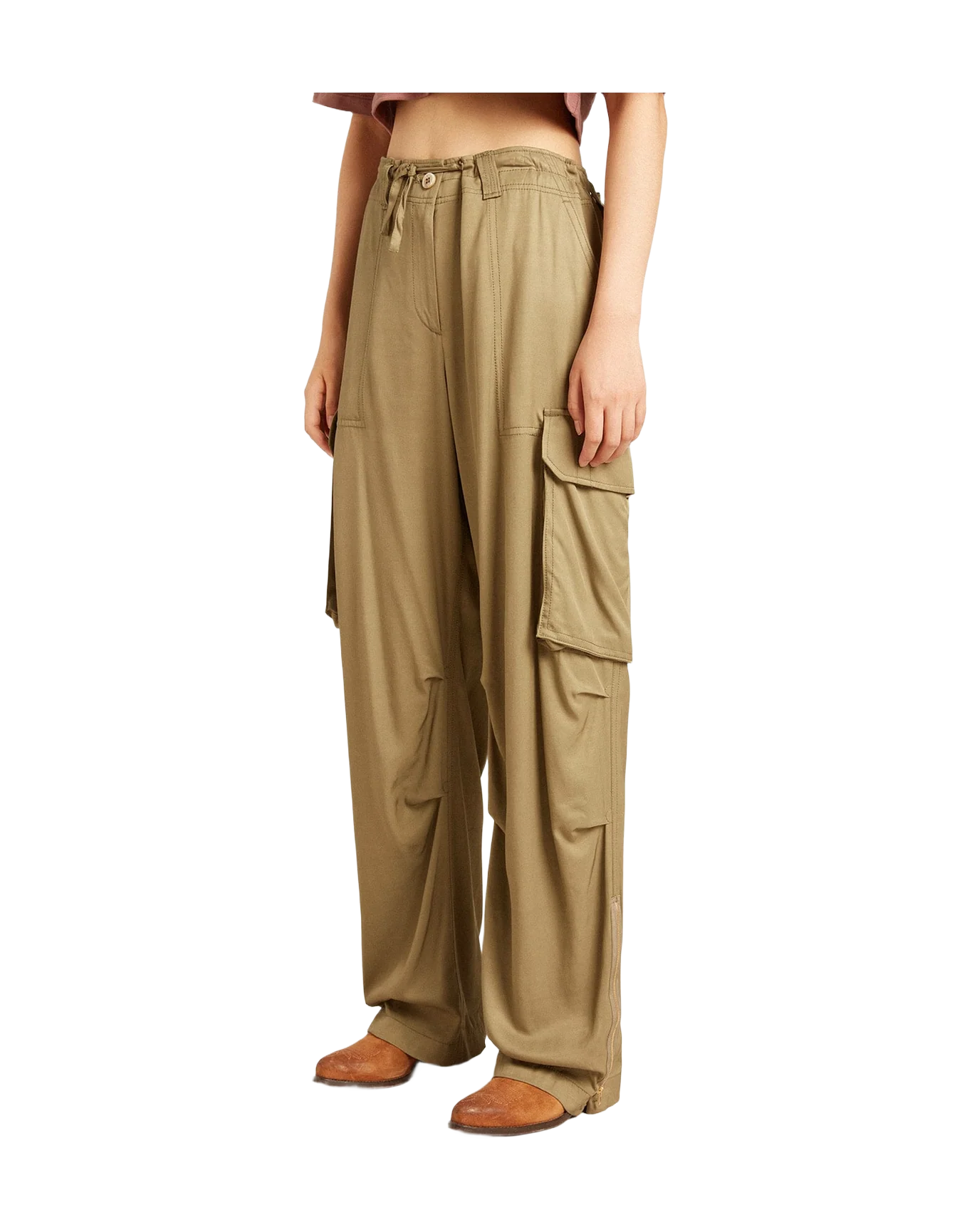 Women | Olive Colored Viscose Cargo Pants | Kalamata - Image 3