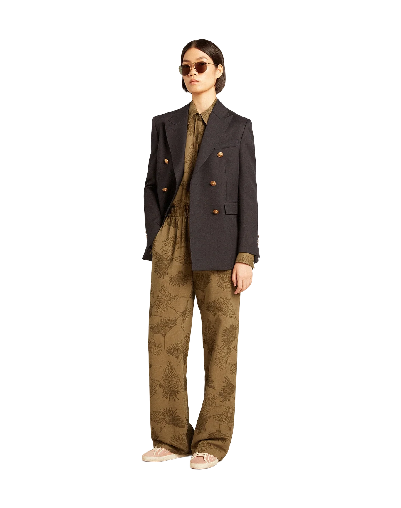 Women | Olive Colored Viscose Cotton Blend Shirt With Floral Pattern | Kalamata - Image 3