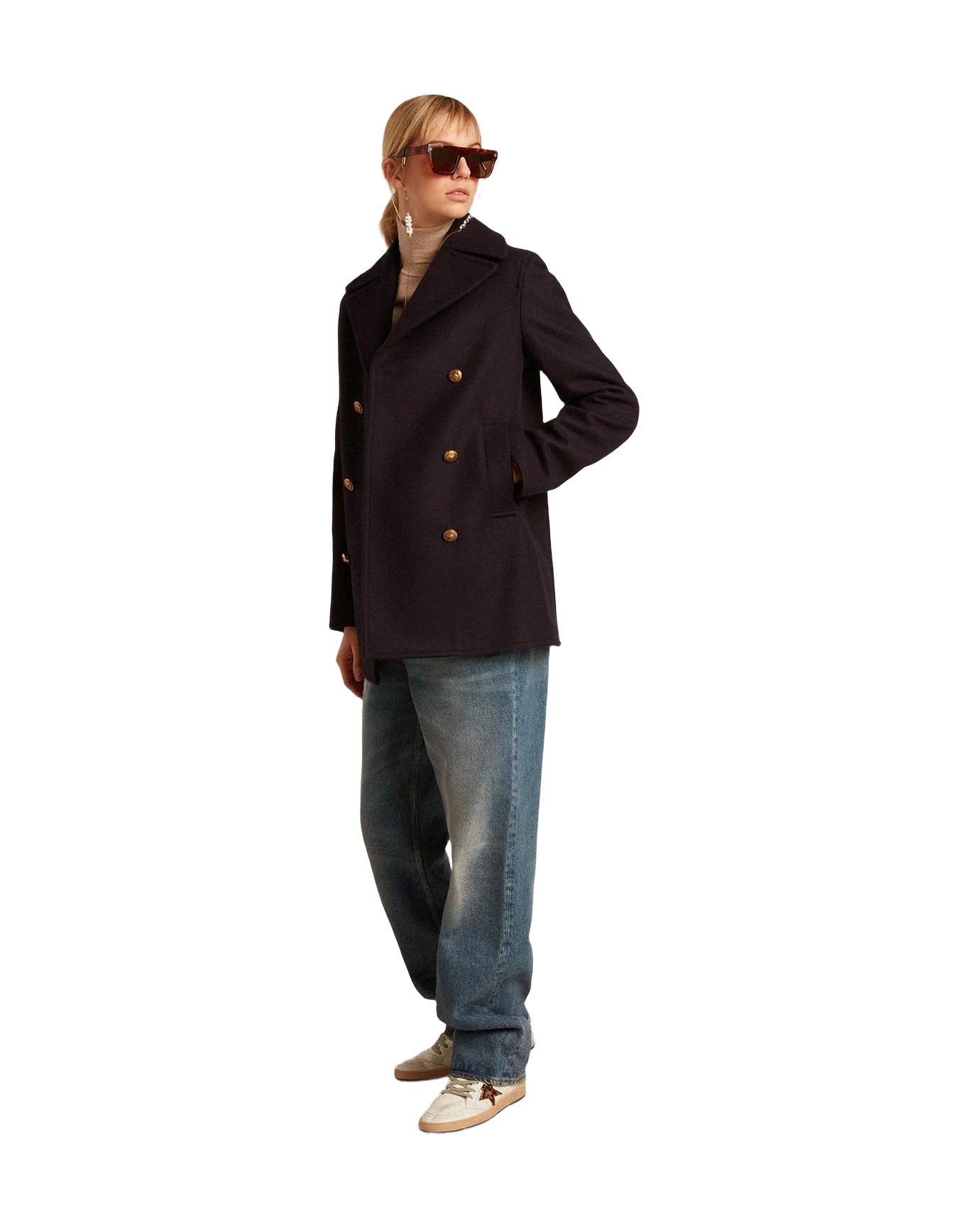 Women | Peacoat With Gold Colored Heraldic Buttons | Dark Blue - Image 4