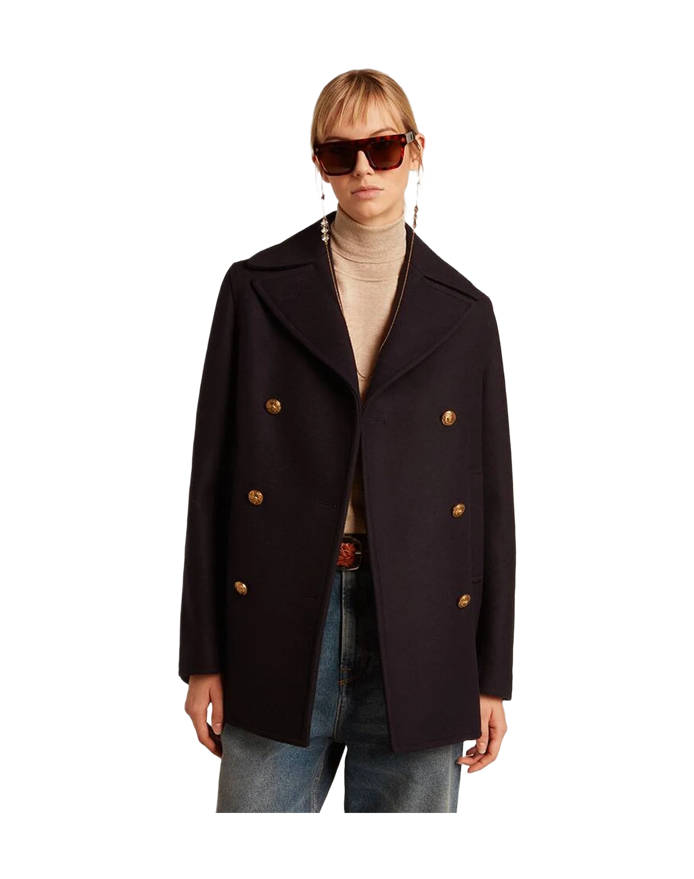 Women | Peacoat With Gold Colored Heraldic Buttons | Dark Blue - Image 8