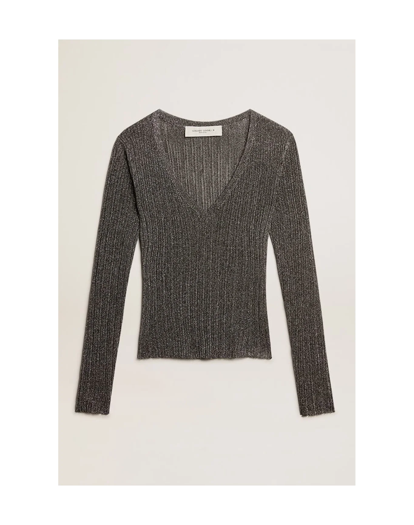 Women | Ribbed Long Sleeved Sweater With A Deep V Neckline Design | Silver x Grey