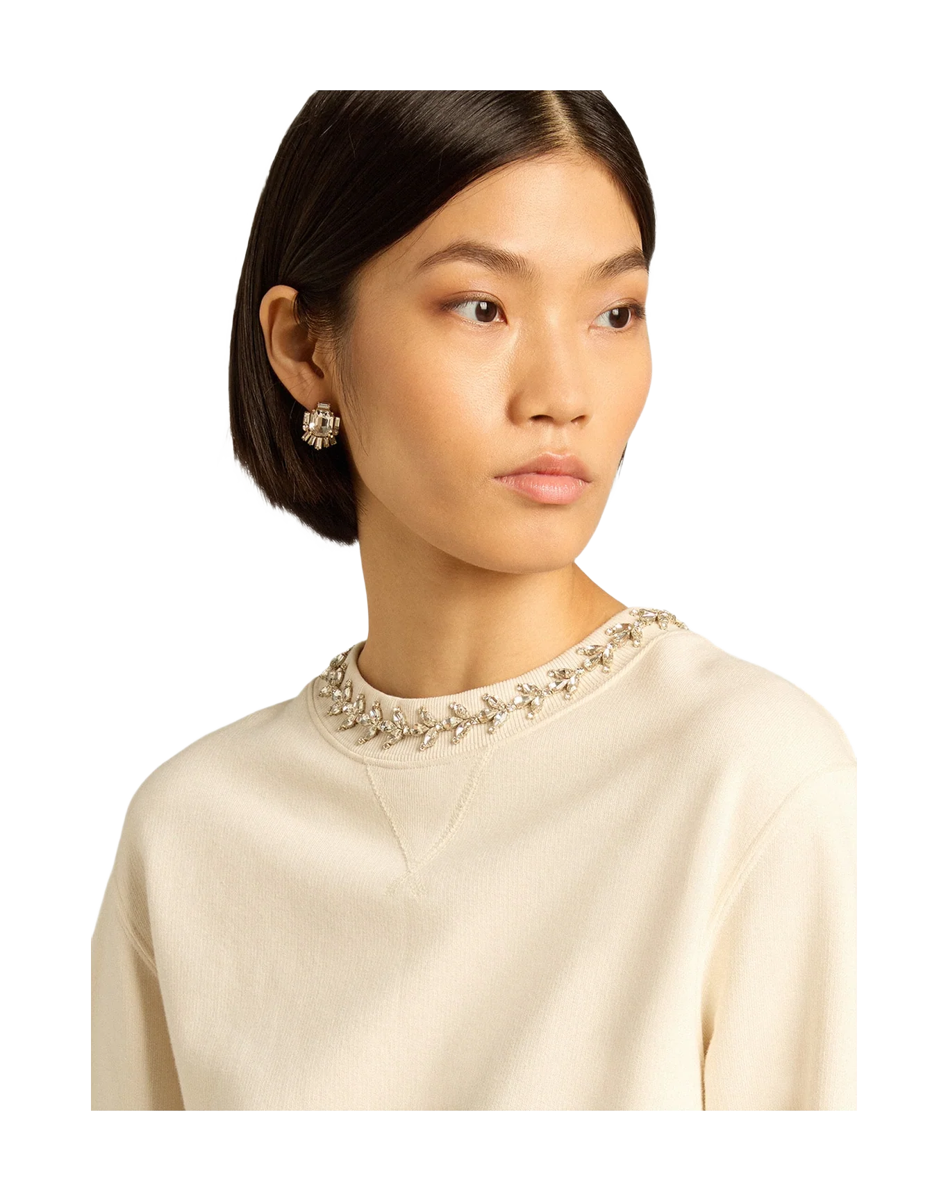Women | Round Neck Cotton Sweatshirt In Aged With Hand Applied Crystals | Heritage White - Image 5