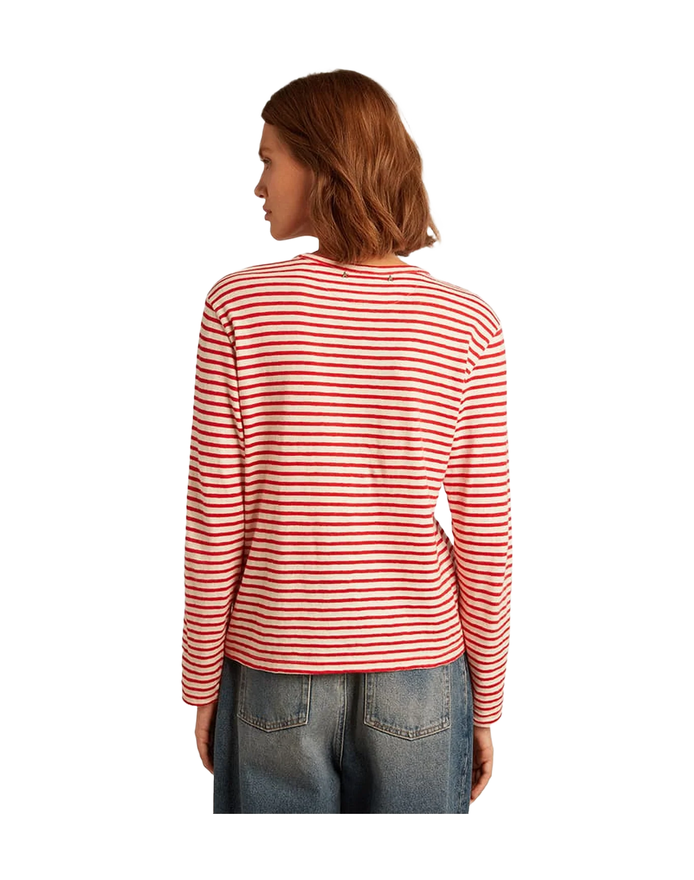 Women | T Shirt With White And Stripes And Embroidery On The Front | Ecru x Tango Red - Image 9