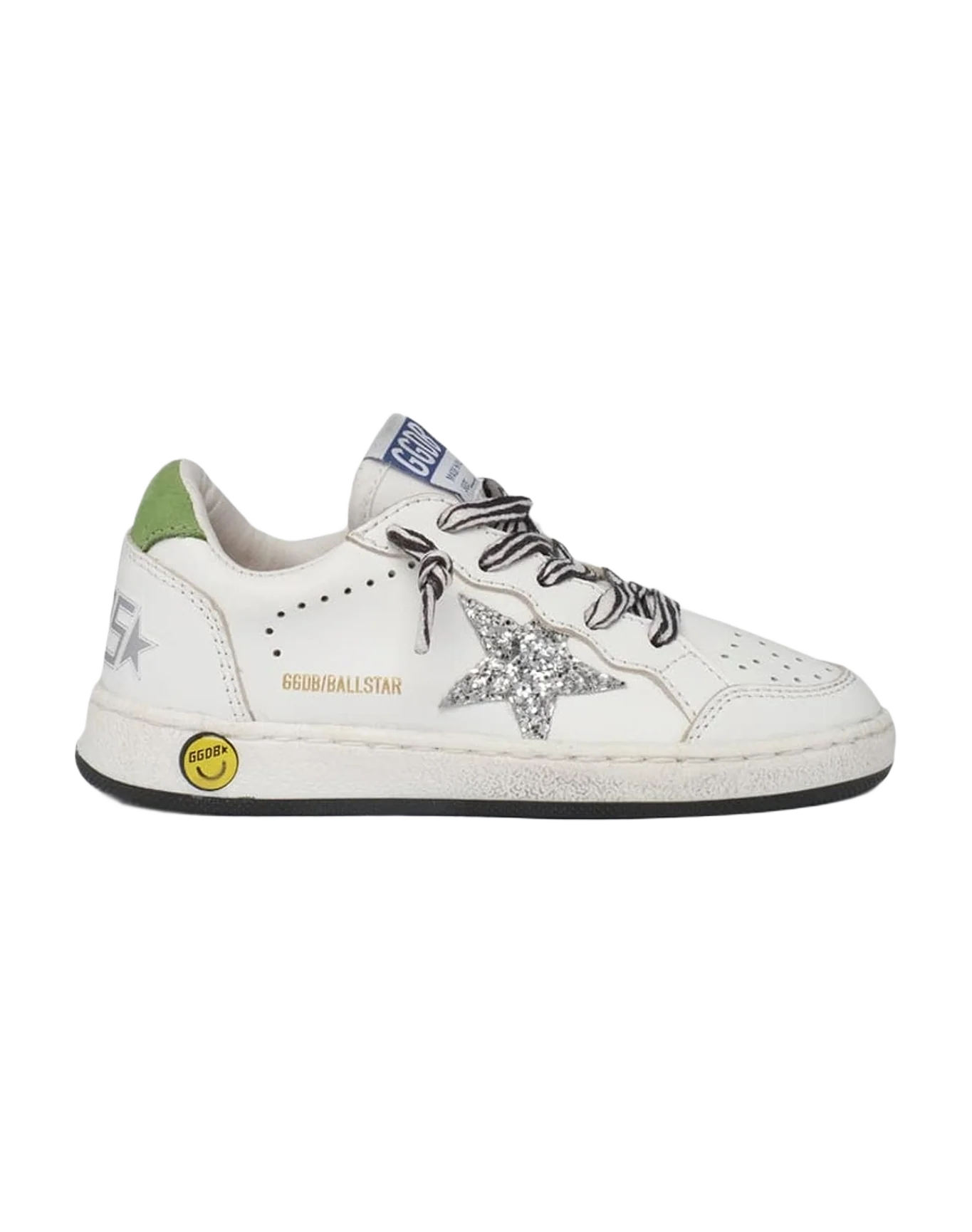 Kids | Ball Star Sneakers with Zebra-Print Laces & Star with Silver Glitter | White x Silver x Green
