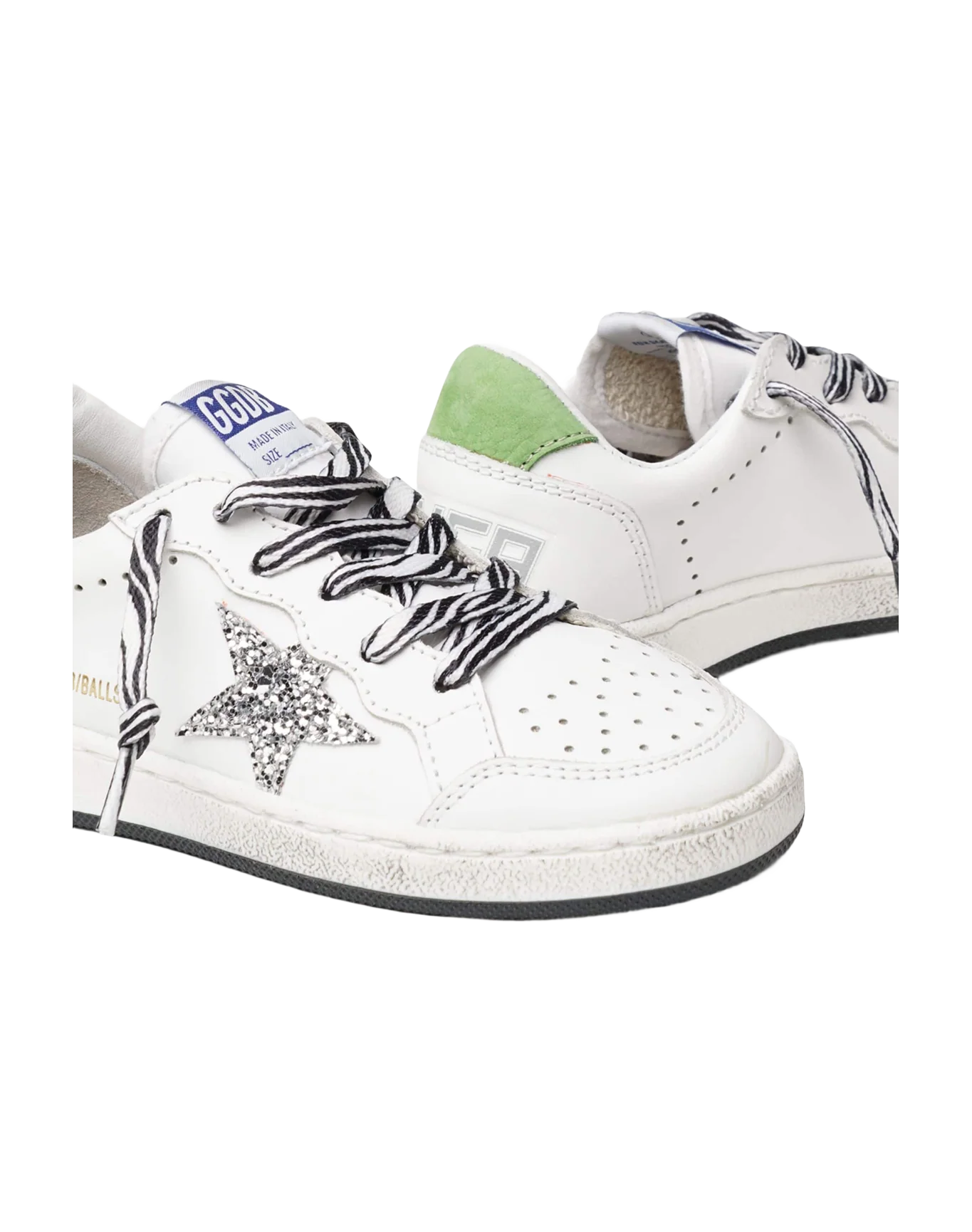 Kids | Ball Star Sneakers with Zebra-Print Laces & Star with Silver Glitter | White x Silver x Green - Image 2