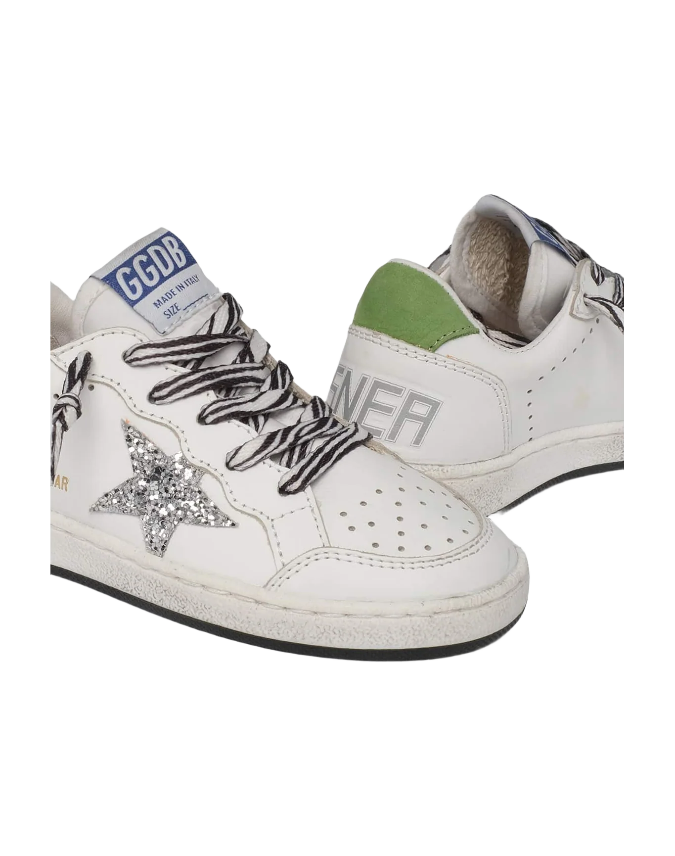 Kids | Ball Star Sneakers with Zebra-Print Laces & Star with Silver Glitter | White x Silver x Green - Image 5