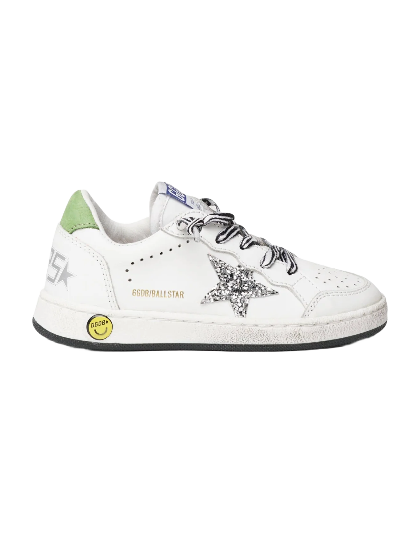 Kids | Ball Star Sneakers with Zebra-Print Laces & Star with Silver Glitter | White x Silver x Green - Image 6
