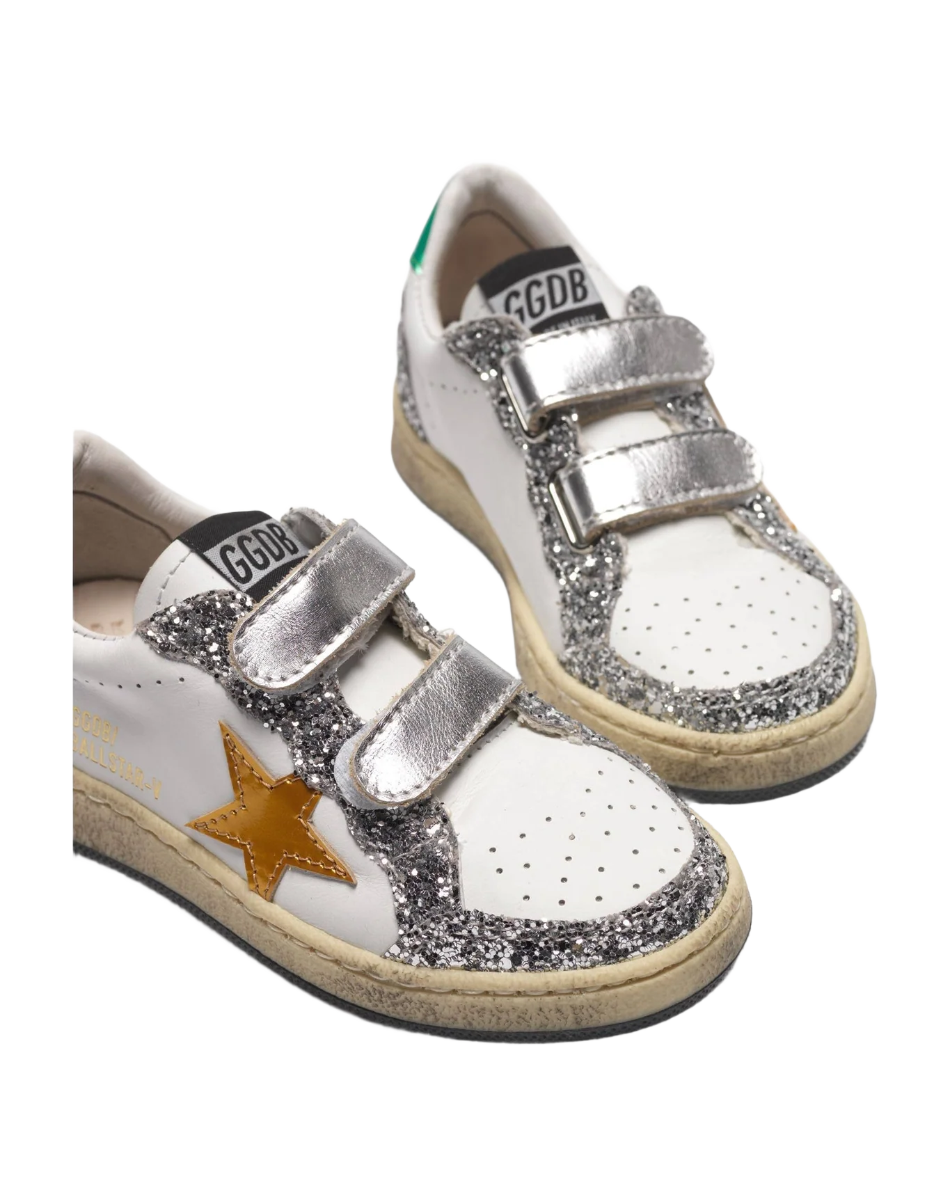 Kids | Ball Star Young Sneakers White Nappa Leather with Yellow Star & Silver Glitter Heel Tab