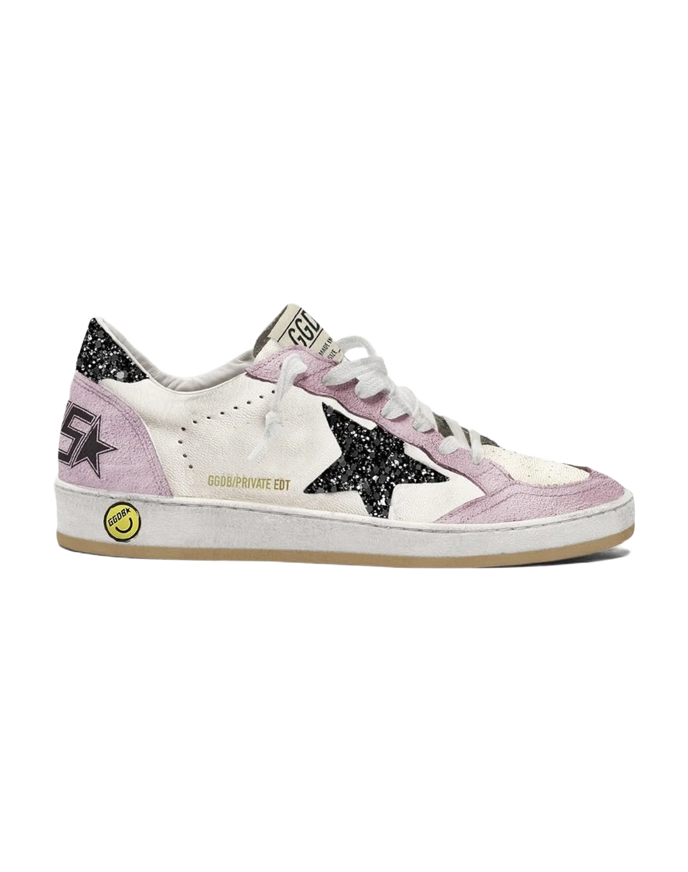 Kids | Ball-Star Young White Nappa & Pink Suede with Glitter Star & Heel Tab | White x Pink x Black