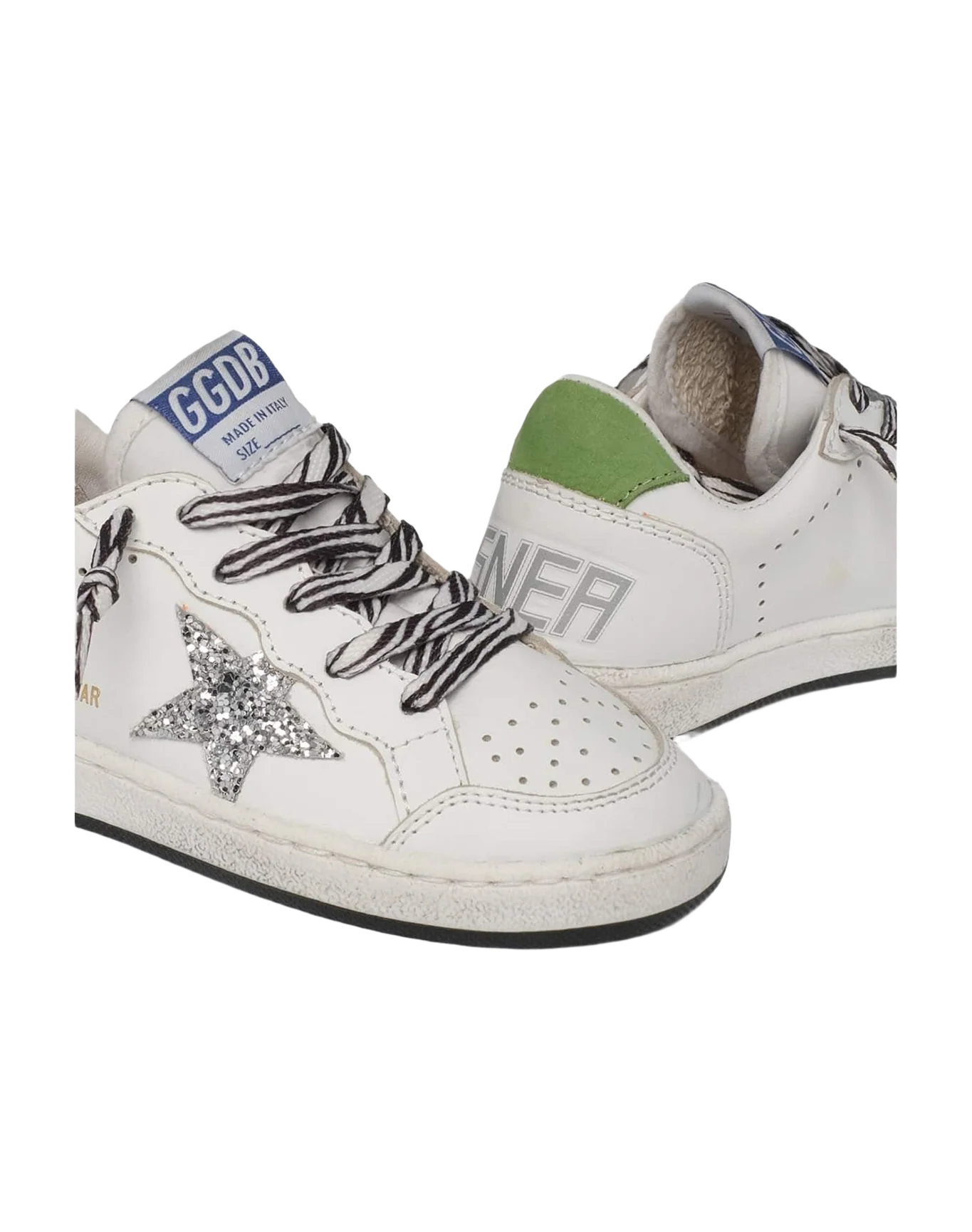 Kids | Ballstar Leather Upper Glitter Star Nylon Tongue | White x Silver x Green
