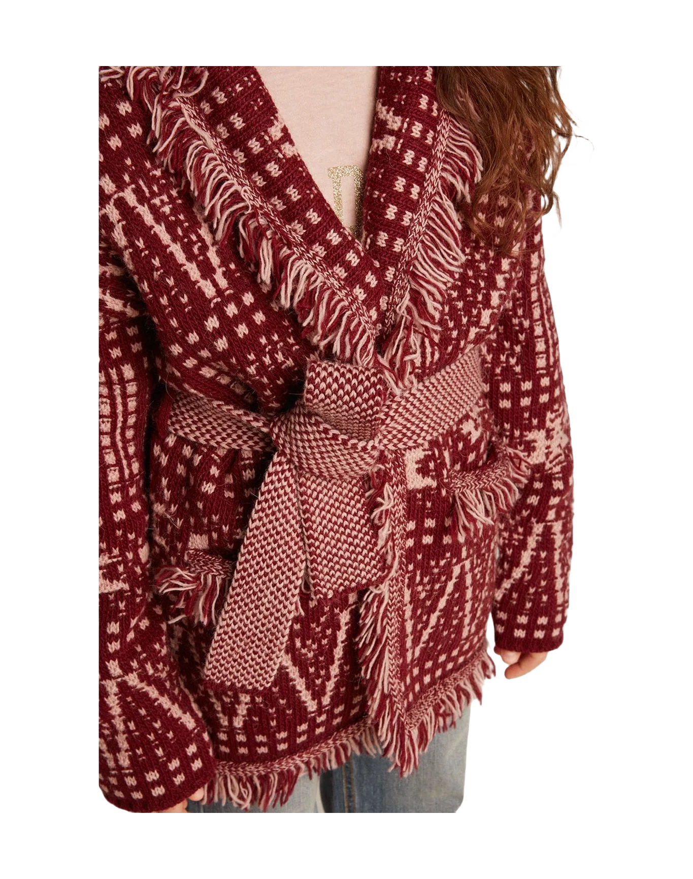 Kids | Belted Cardigan with Burgundy Fair Isle Motif | Windsor Wine x Shadow Grey