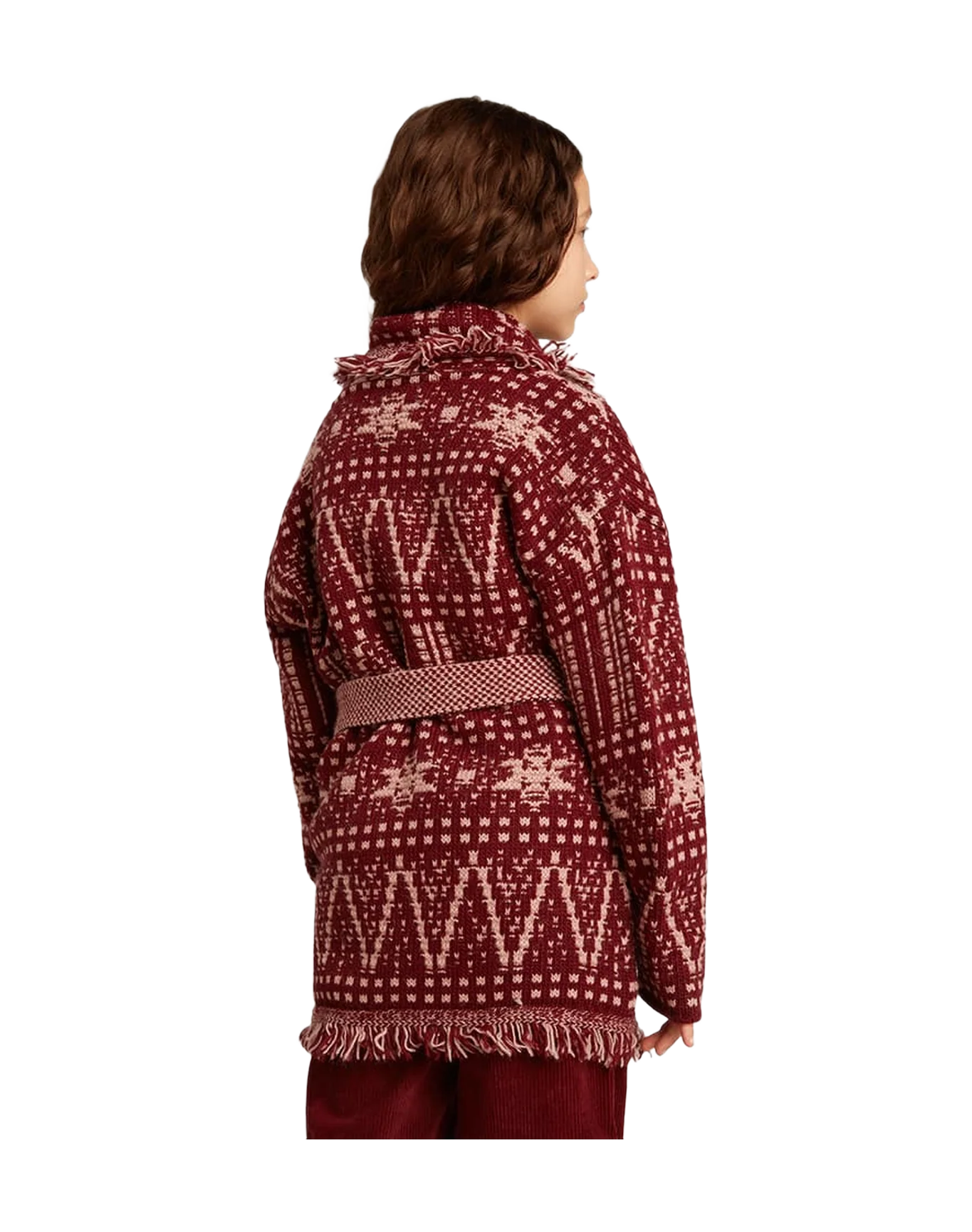 Kids | Belted Cardigan with Burgundy Fair Isle Motif | Windsor Wine x Shadow Grey - Image 10