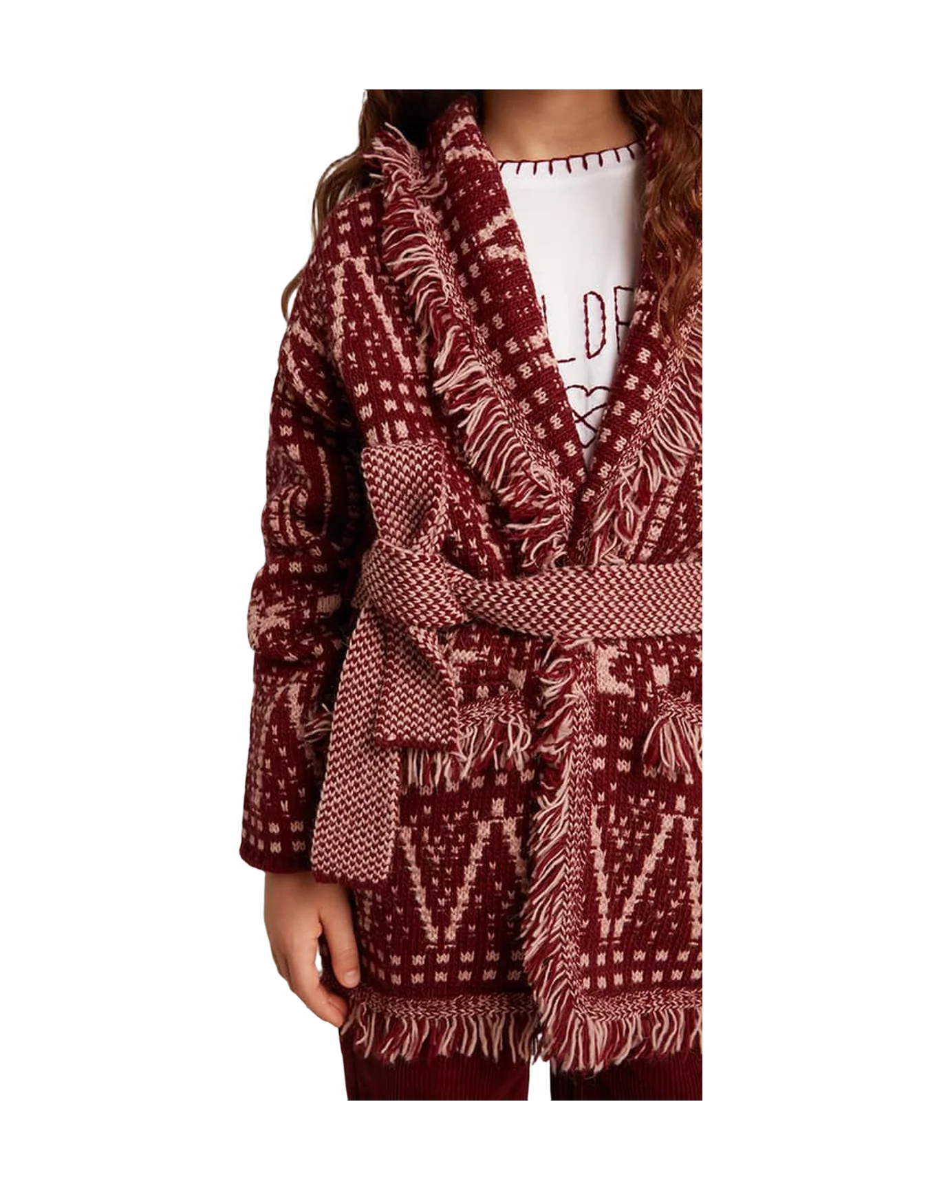 Kids | Belted Cardigan with Burgundy Fair Isle Motif | Windsor Wine x Shadow Grey - Image 11
