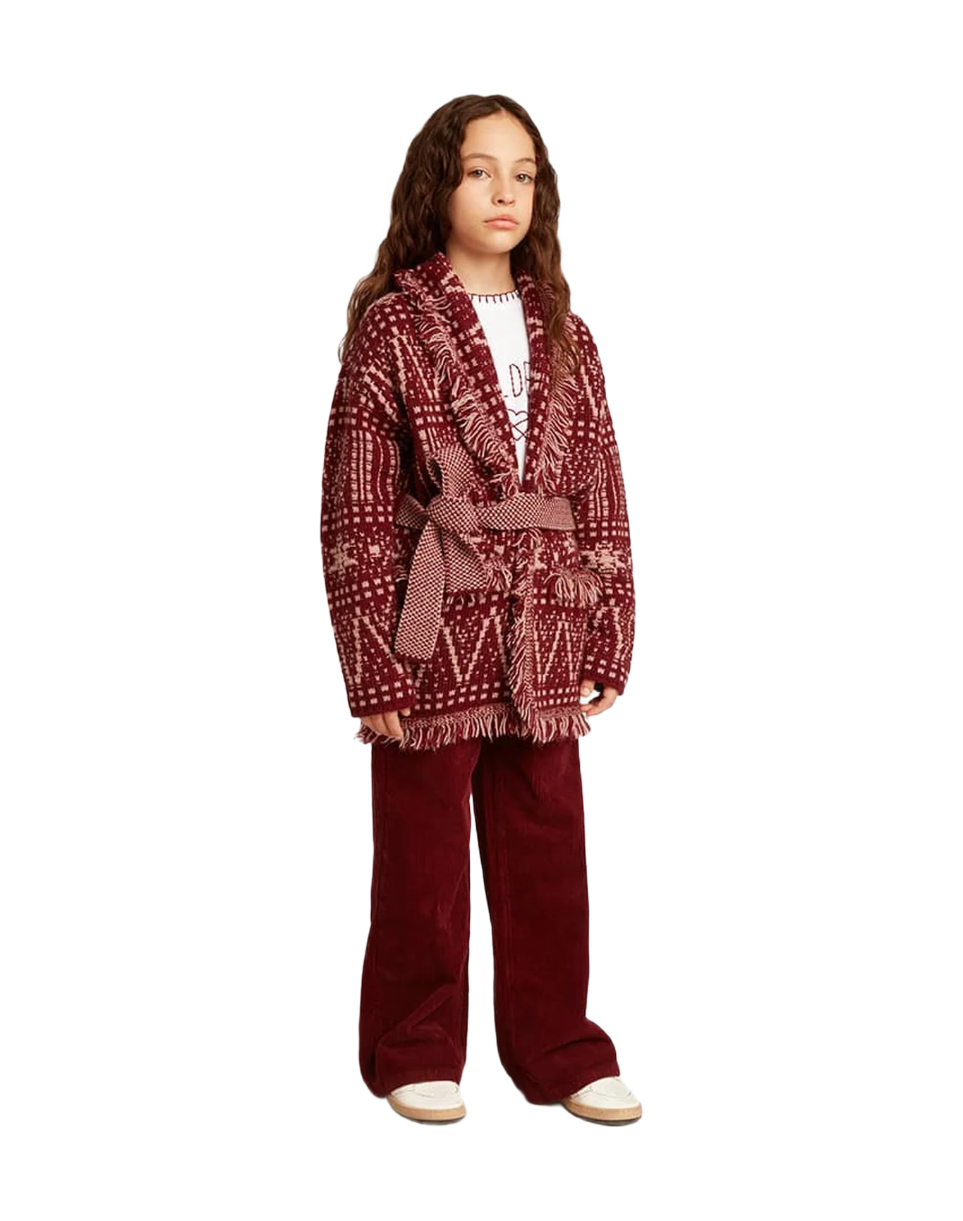 Kids | Belted Cardigan with Burgundy Fair Isle Motif | Windsor Wine x Shadow Grey - Image 3