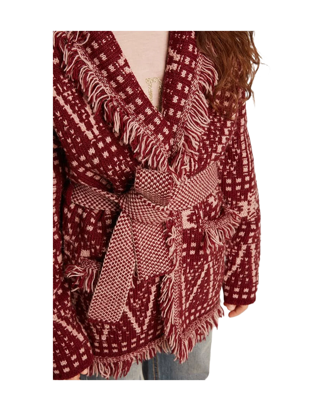 Kids | Belted Cardigan with Burgundy Fair Isle Motif | Windsor Wine x Shadow Grey - Image 5