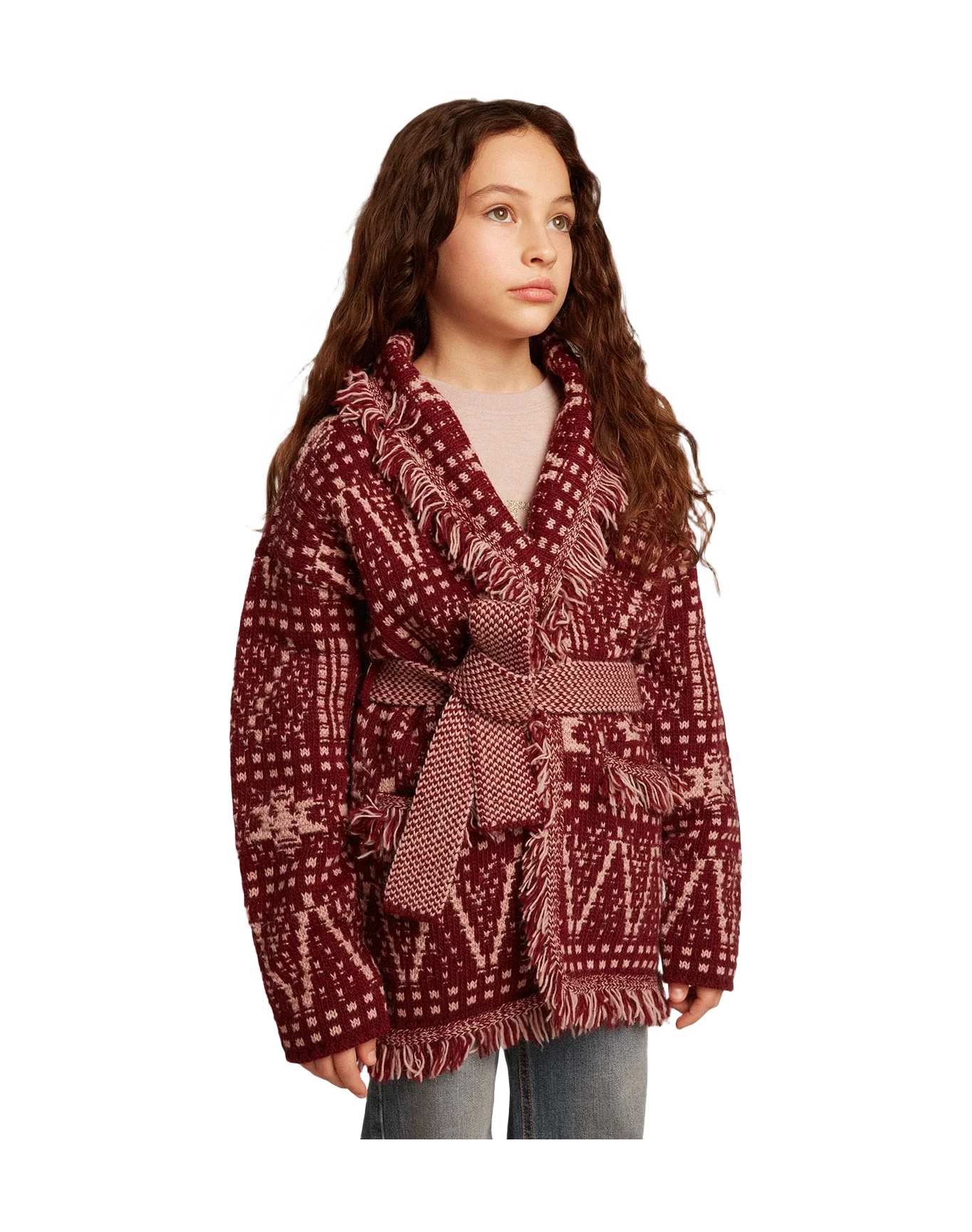 Kids | Belted Cardigan with Burgundy Fair Isle Motif | Windsor Wine x Shadow Grey - Image 7