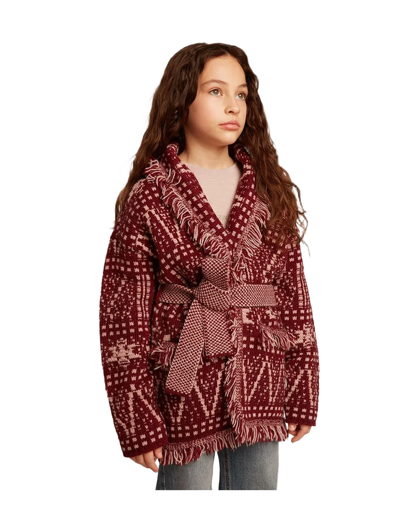 Kids | Belted Cardigan with Burgundy Fair Isle Motif | Windsor Wine x Shadow Grey - Image 9