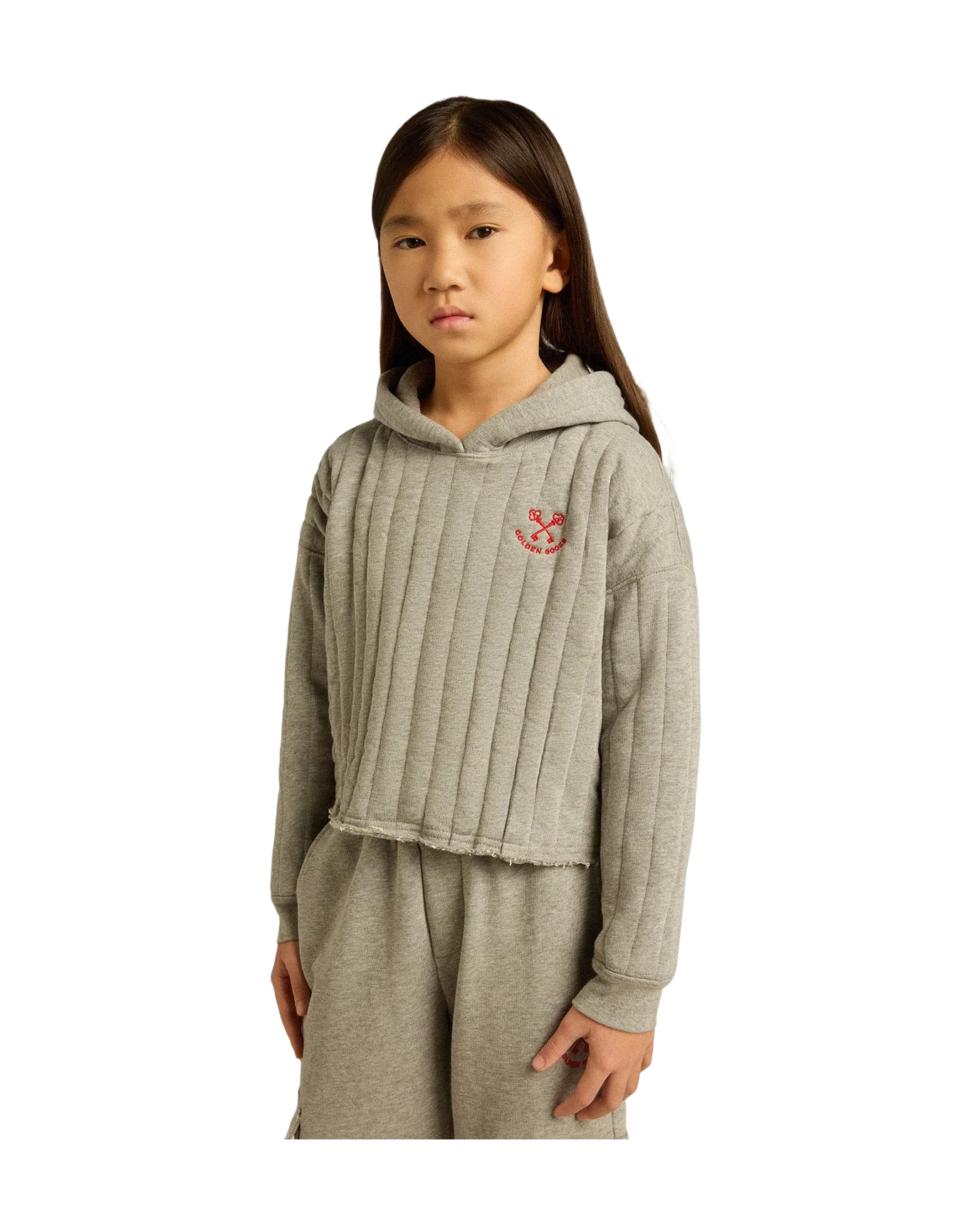 Kids | Cropped Sweatshirt Gray Melange with A Hood & Embroidery On The Front | Grey Melange - Image 2