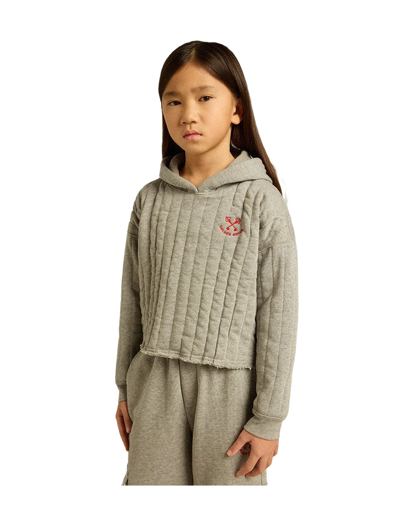 Kids | Cropped Sweatshirt Gray Melange with A Hood & Embroidery On The Front | Grey Melange - Image 3