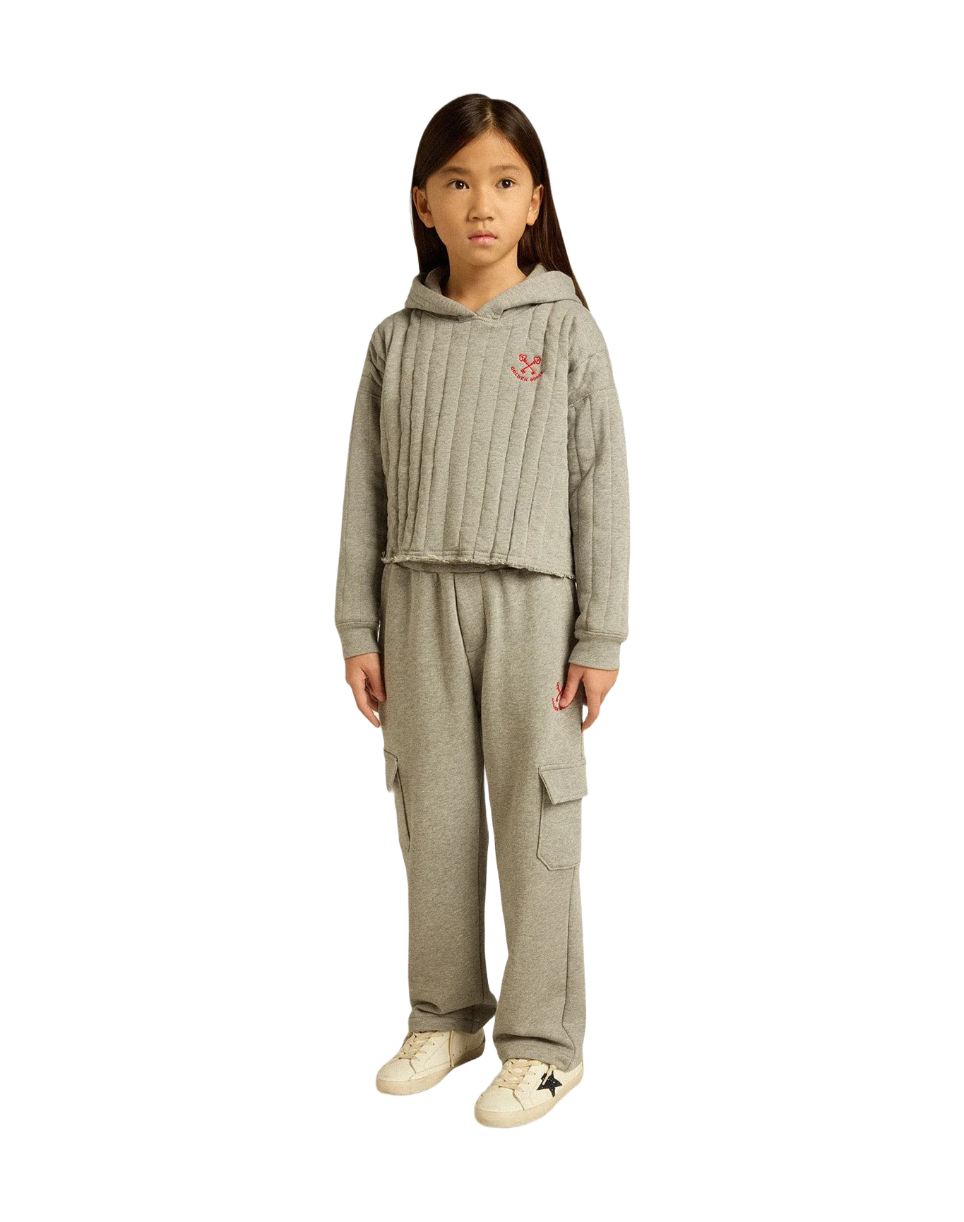 Kids | Cropped Sweatshirt Gray Melange with A Hood & Embroidery On The Front | Grey Melange - Image 6
